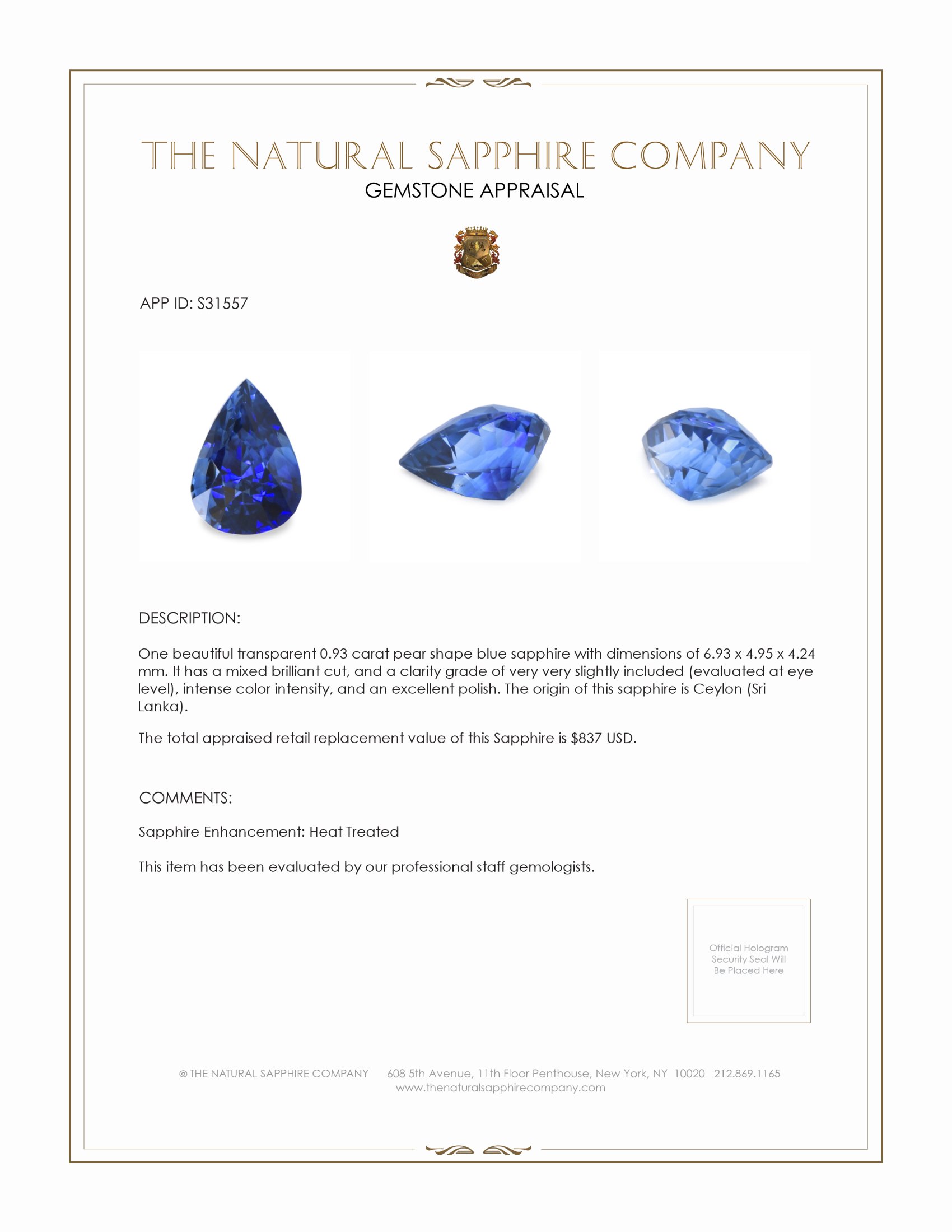 0.93 Ct. Blue Sapphire from Ceylon (Sri Lanka)