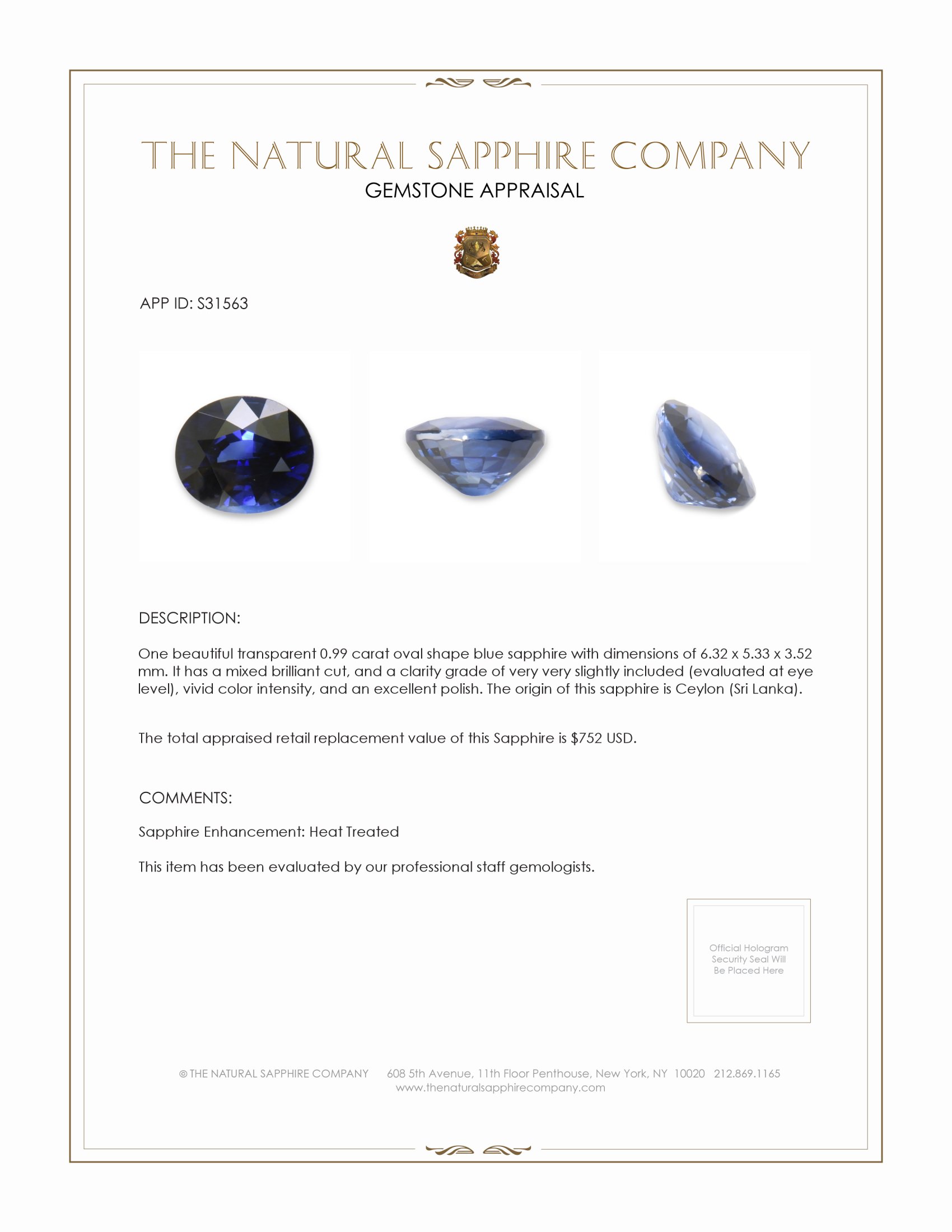 0.99 Ct. Blue Sapphire from Ceylon (Sri Lanka)