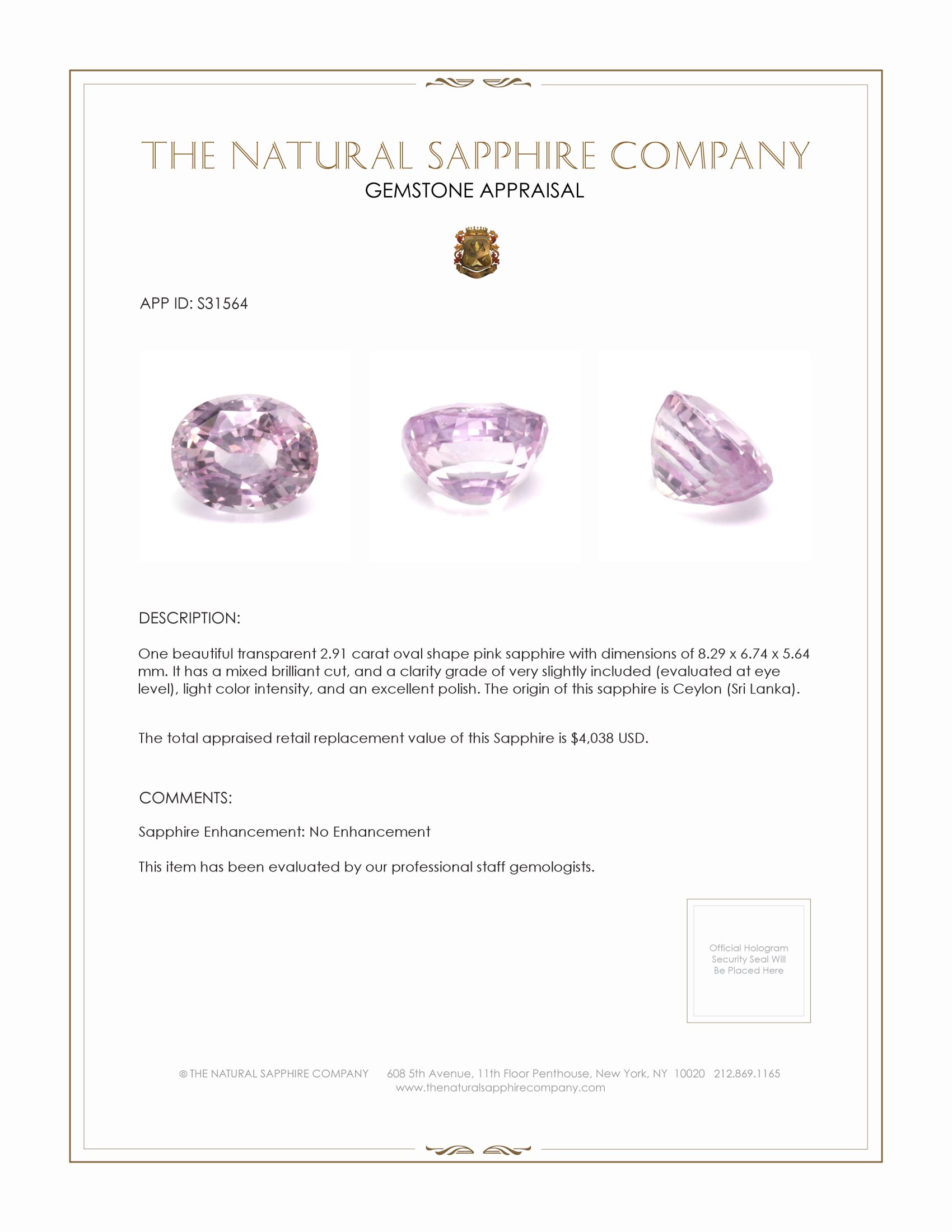 2.91 Ct. Pink Sapphire from Ceylon (Sri Lanka)
