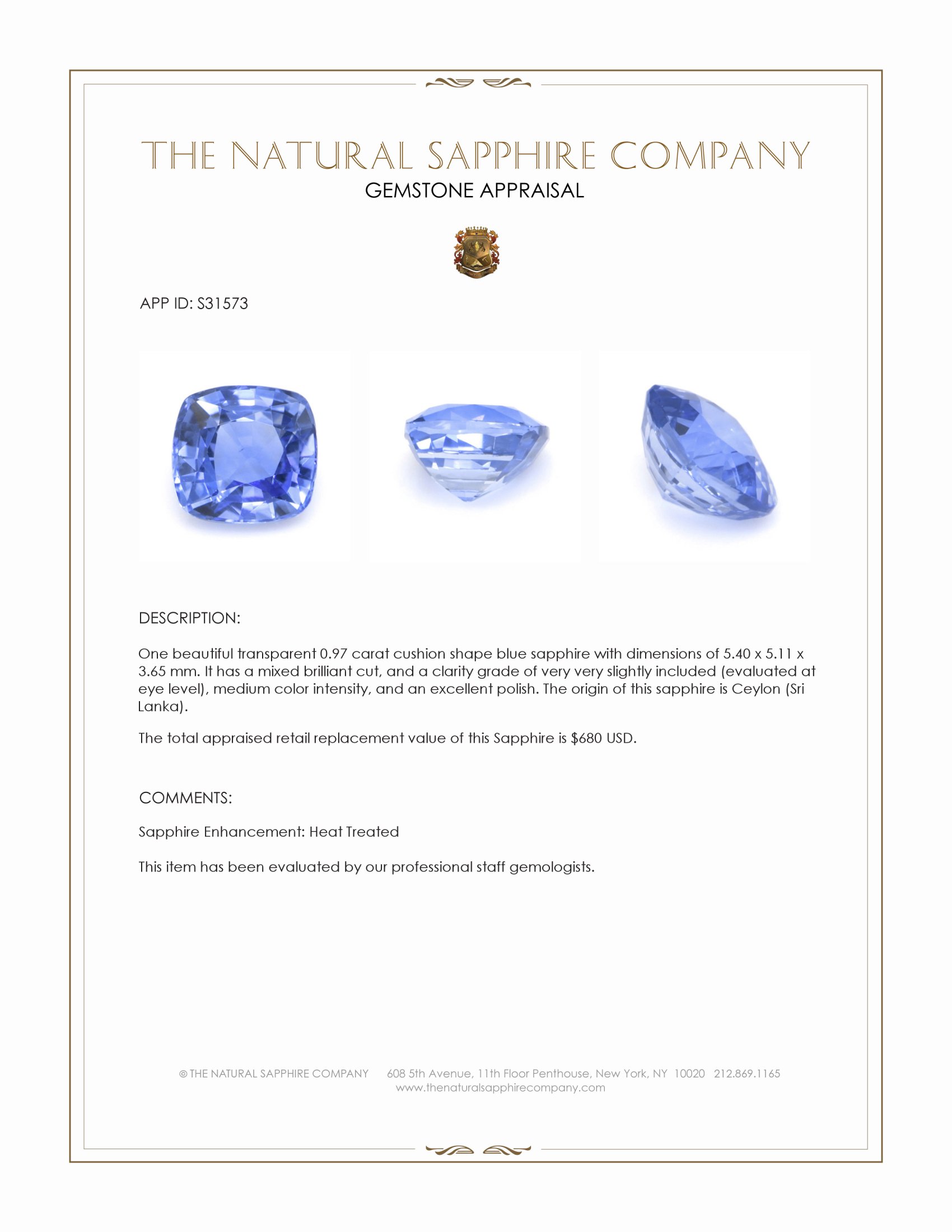 0.97 Ct. Blue Sapphire from Ceylon (Sri Lanka)