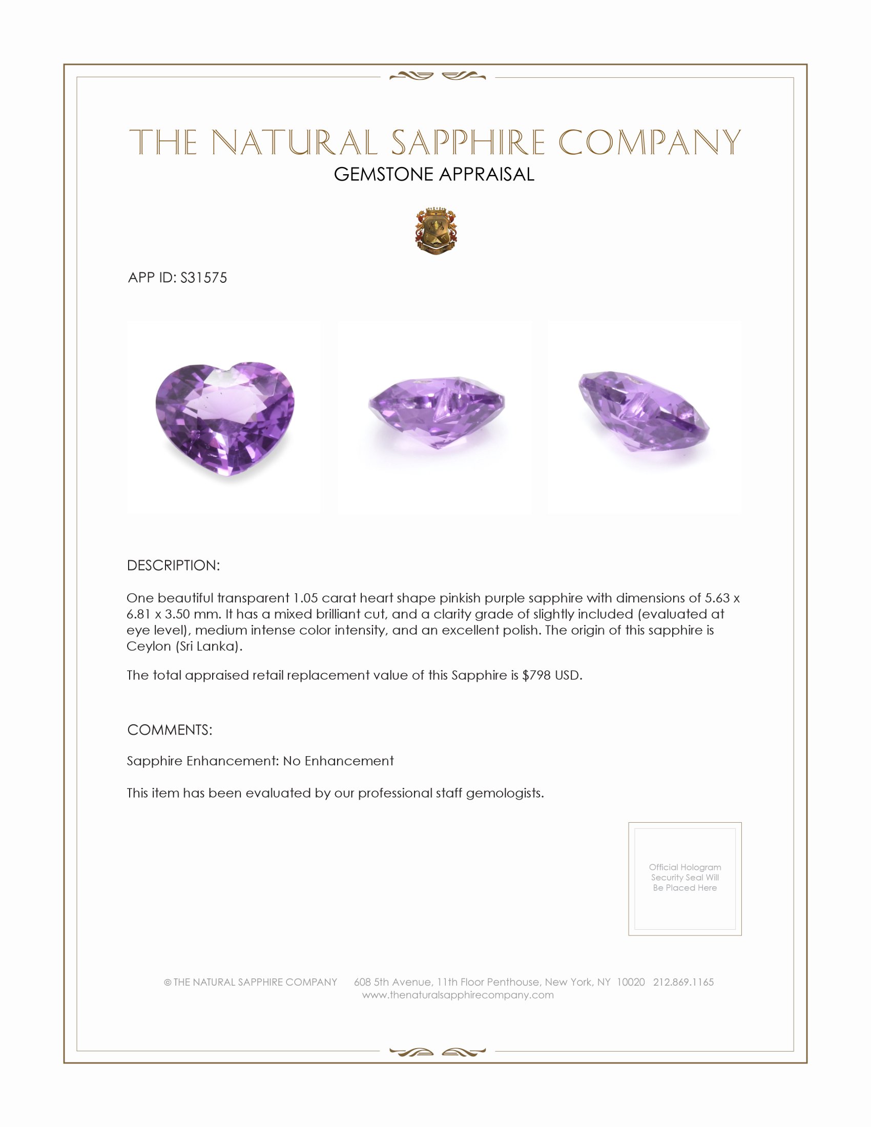 1.05 Ct. Pinkish Purple Sapphire from Ceylon (Sri Lanka)