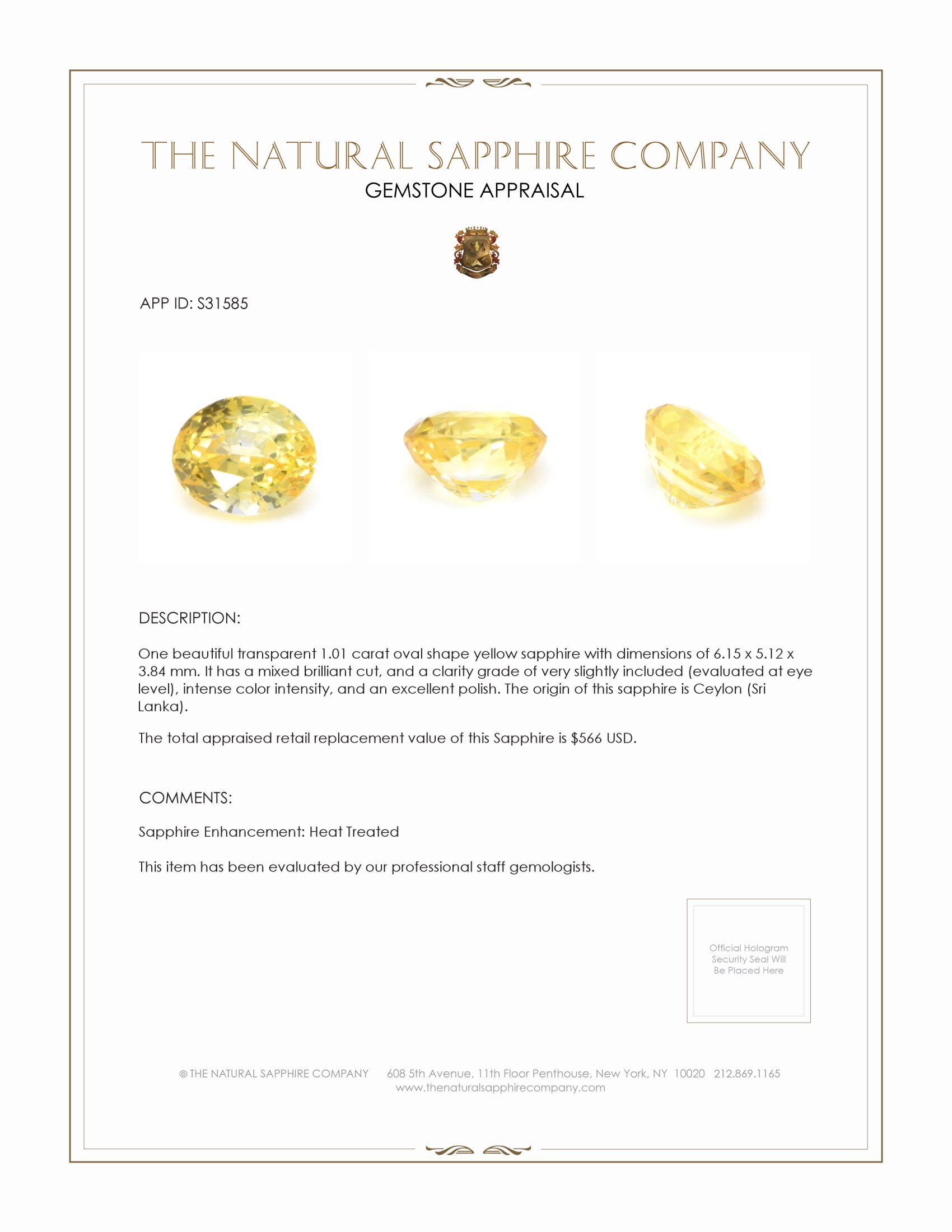 1.01 Ct. Yellow Sapphire from Ceylon (Sri Lanka)