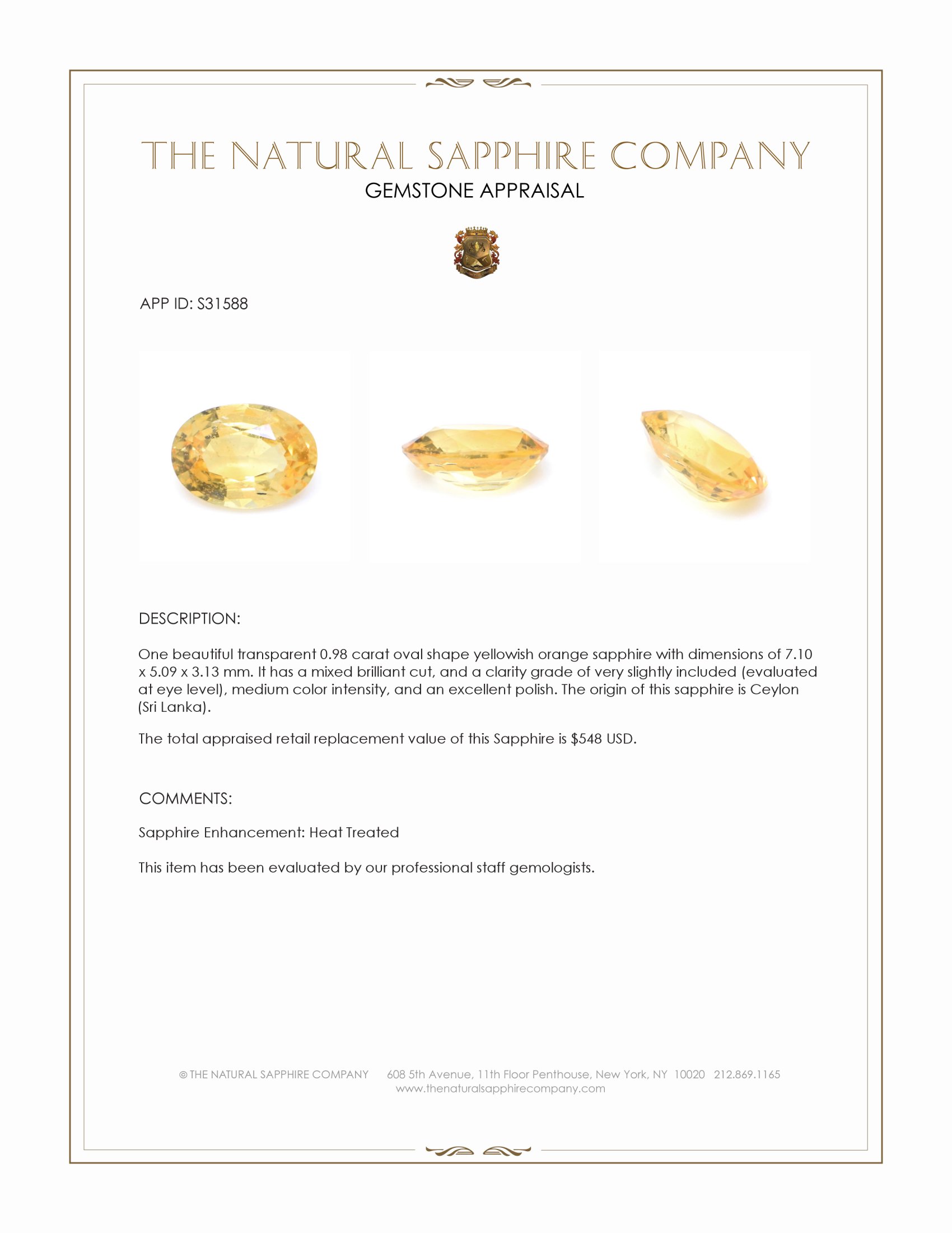 0.98 Ct. Yellowish Orange Sapphire from Ceylon (Sri Lanka)