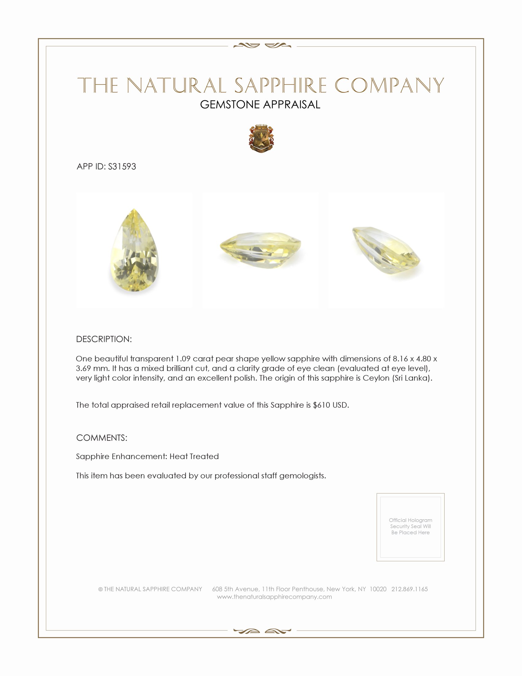 1.09 Ct. Yellow Sapphire from Ceylon (Sri Lanka)