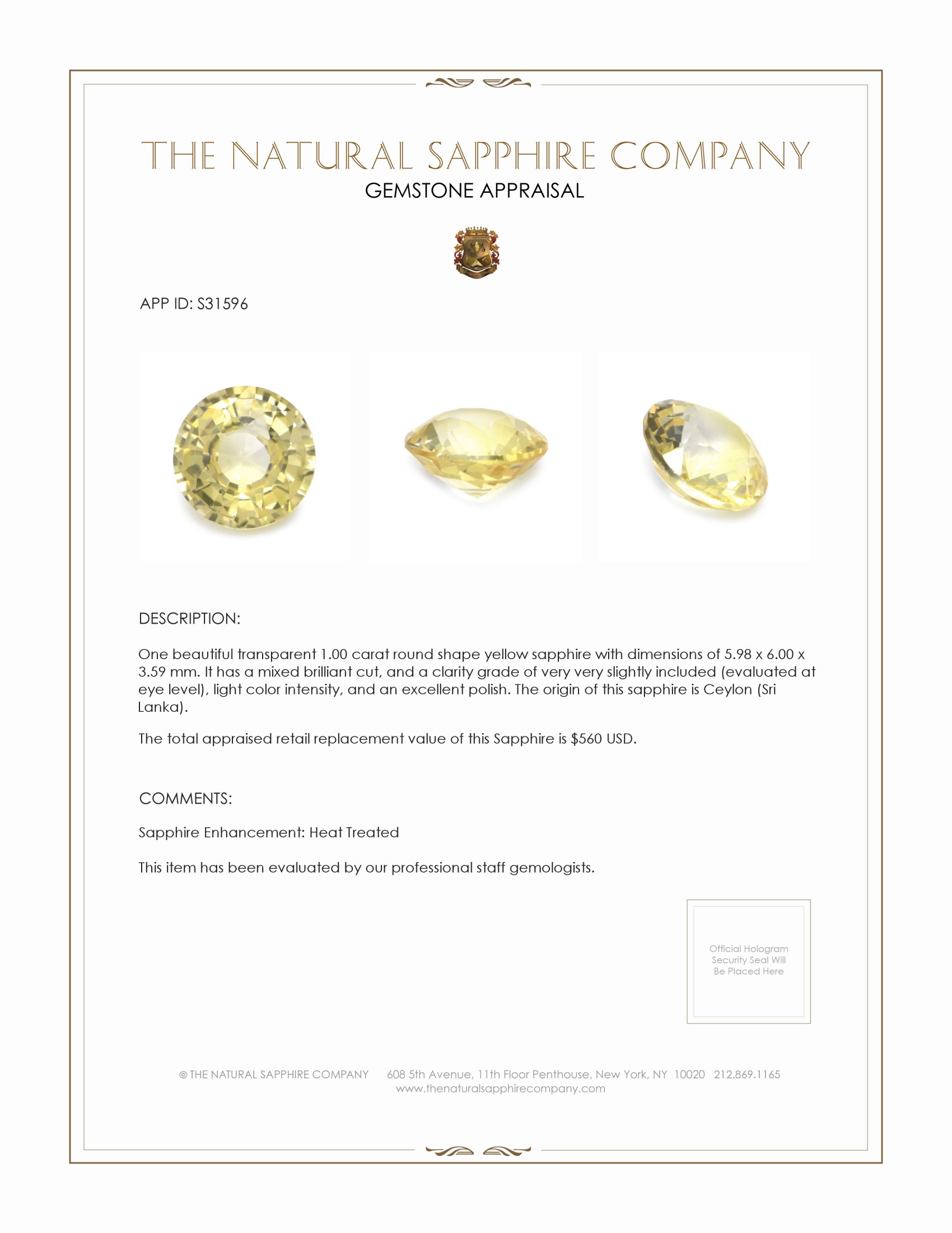 1.00 Ct. Yellow Sapphire from Ceylon (Sri Lanka)