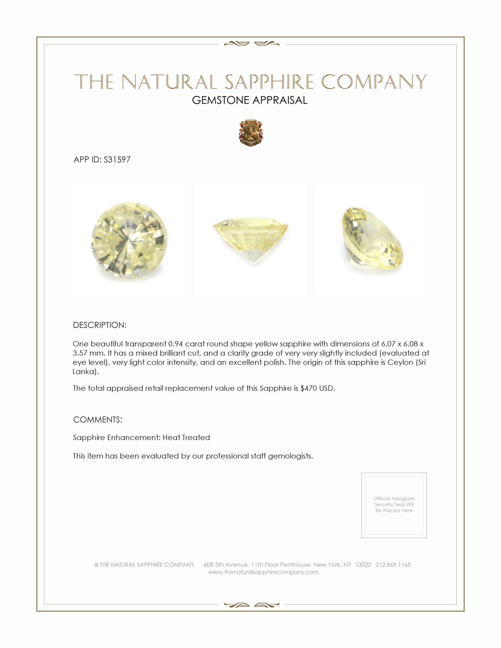 0.94 Ct. Yellow Sapphire from Ceylon (Sri Lanka)