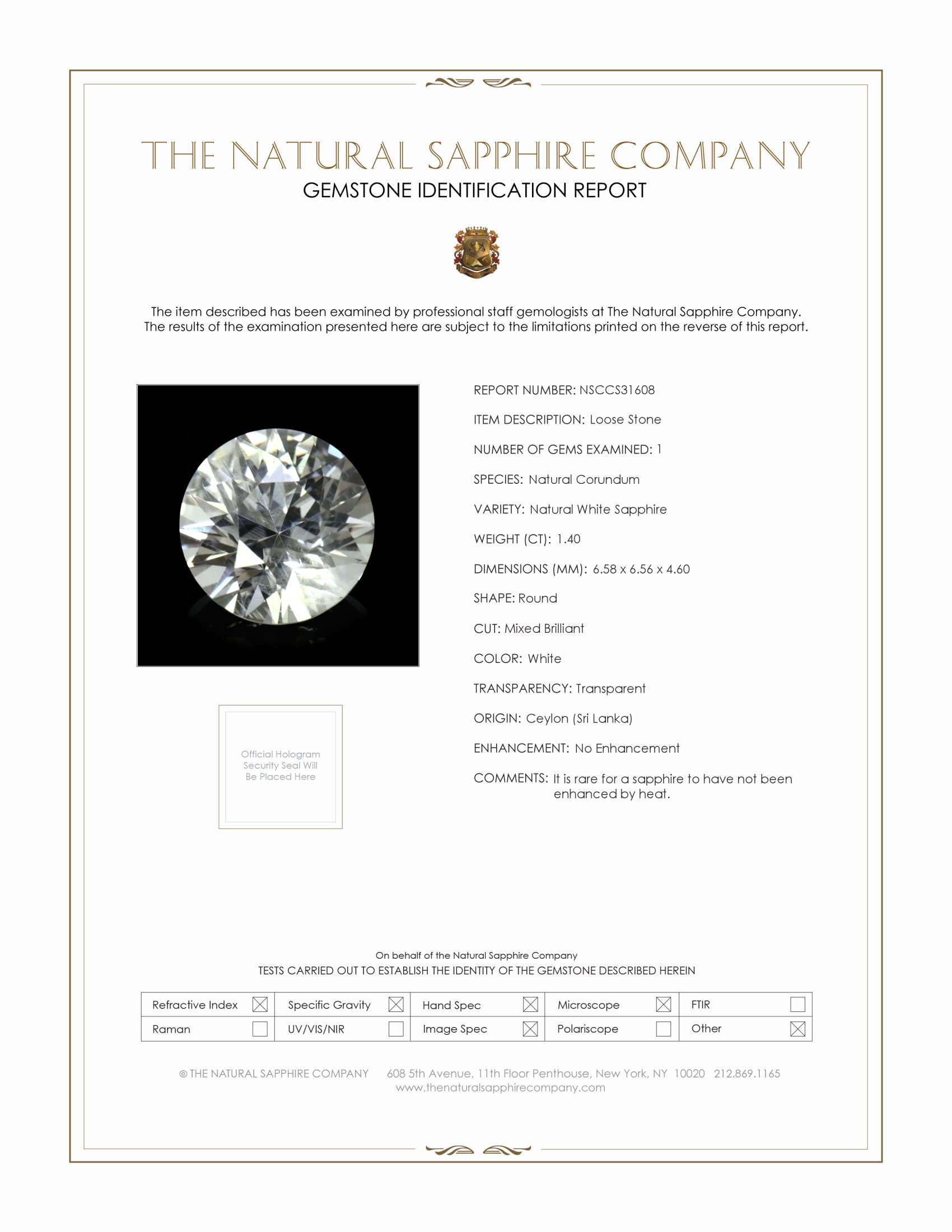 1.40 Ct. White Sapphire from Ceylon (Sri Lanka)