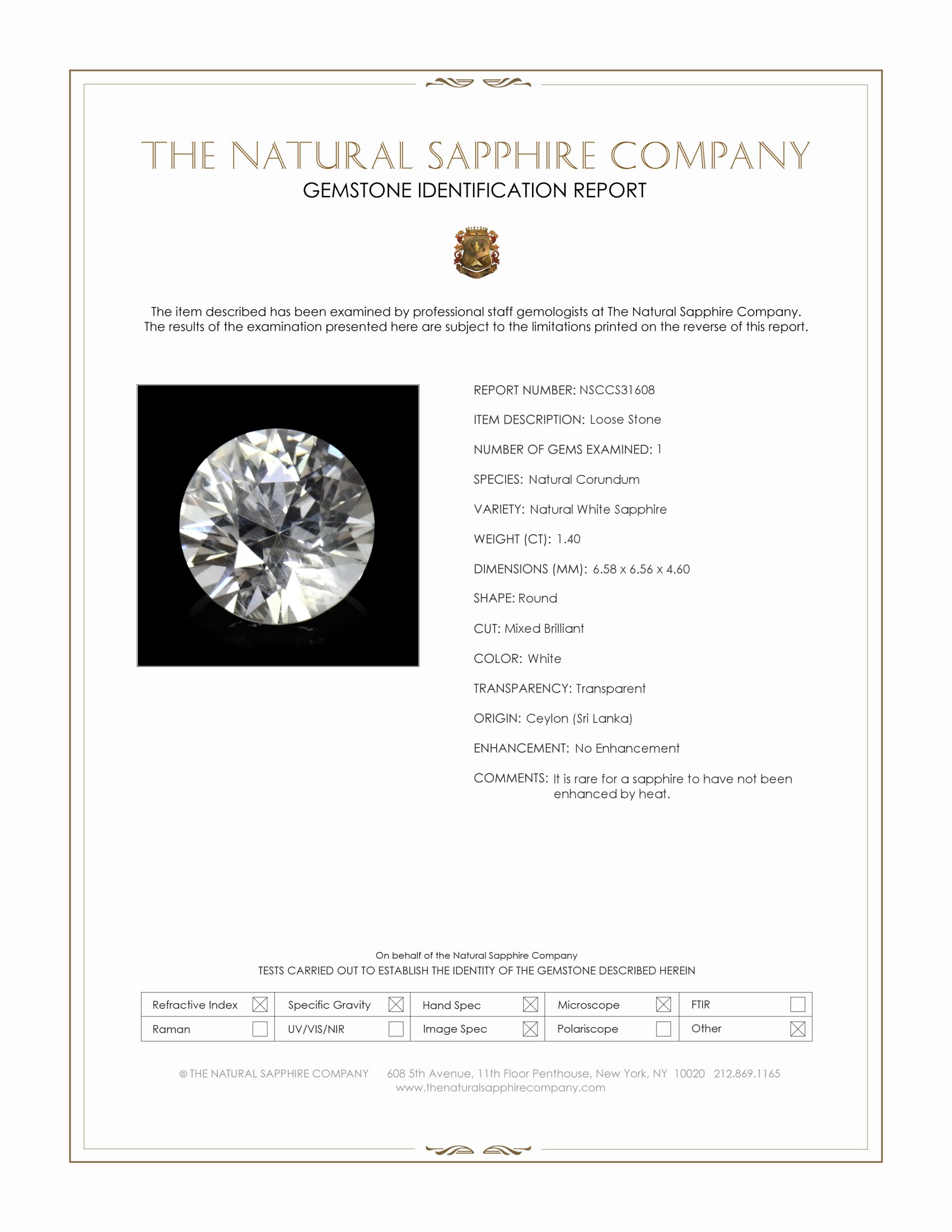 1.40 Ct. White Sapphire from Ceylon (Sri Lanka)
