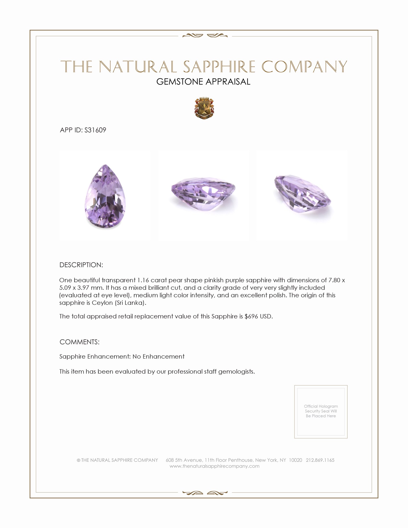 1.16 Ct. Pinkish Purple Sapphire from Ceylon (Sri Lanka)