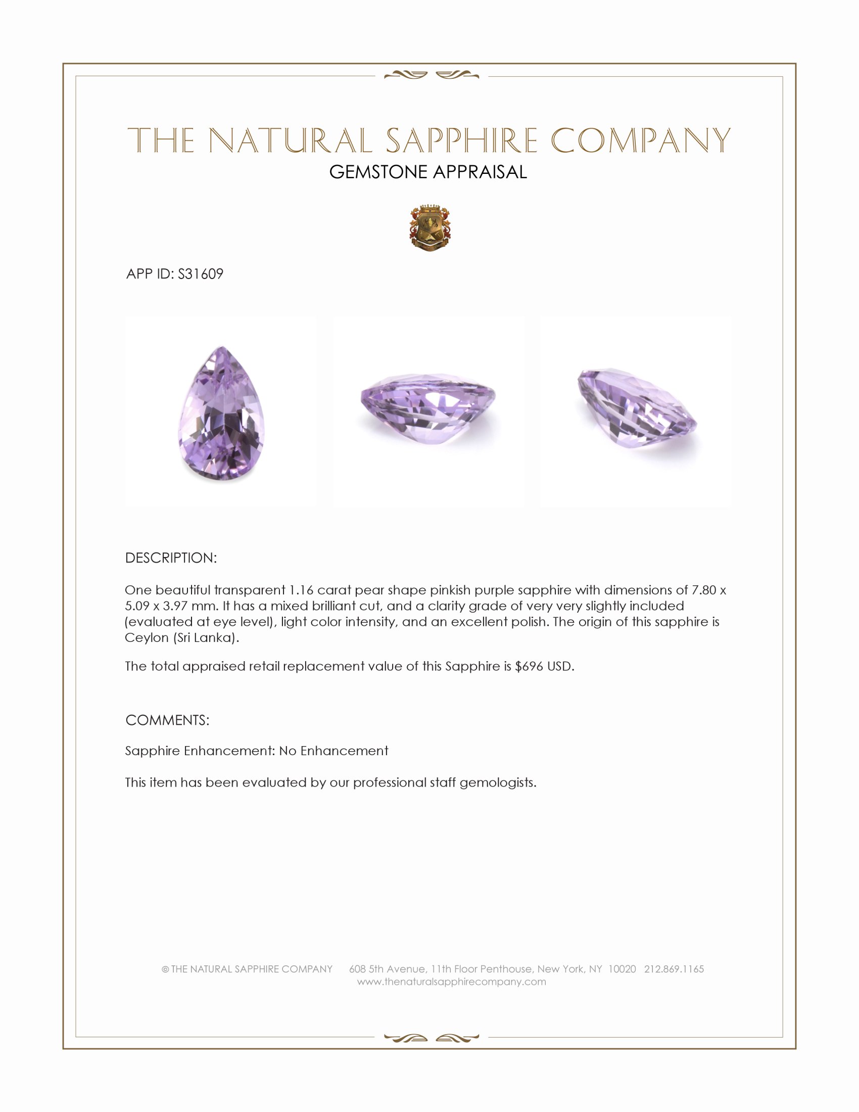 1.16 Ct. Pinkish Purple Sapphire from Ceylon (Sri Lanka)