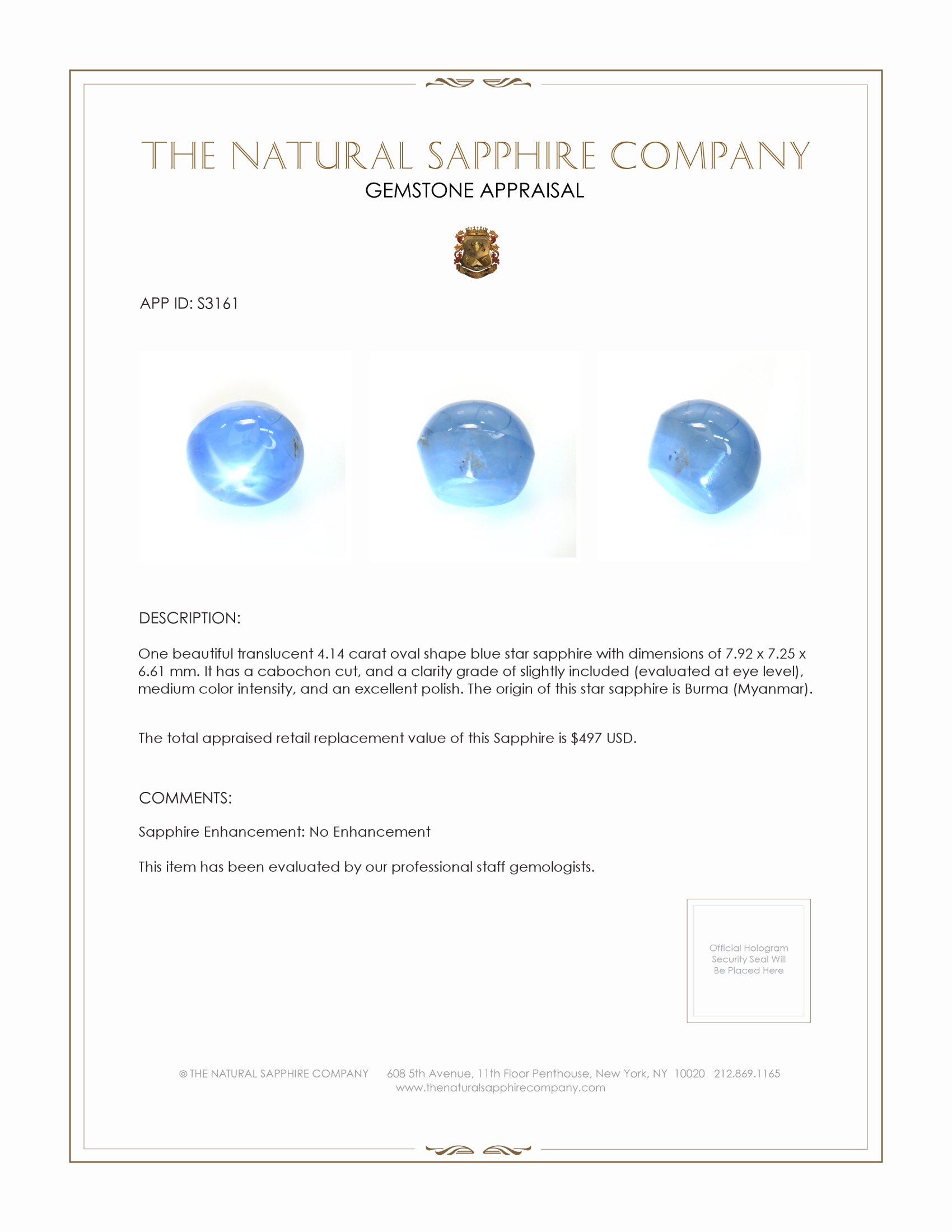 4.14 Ct. Blue Star Sapphire from Burma (Myanmar)