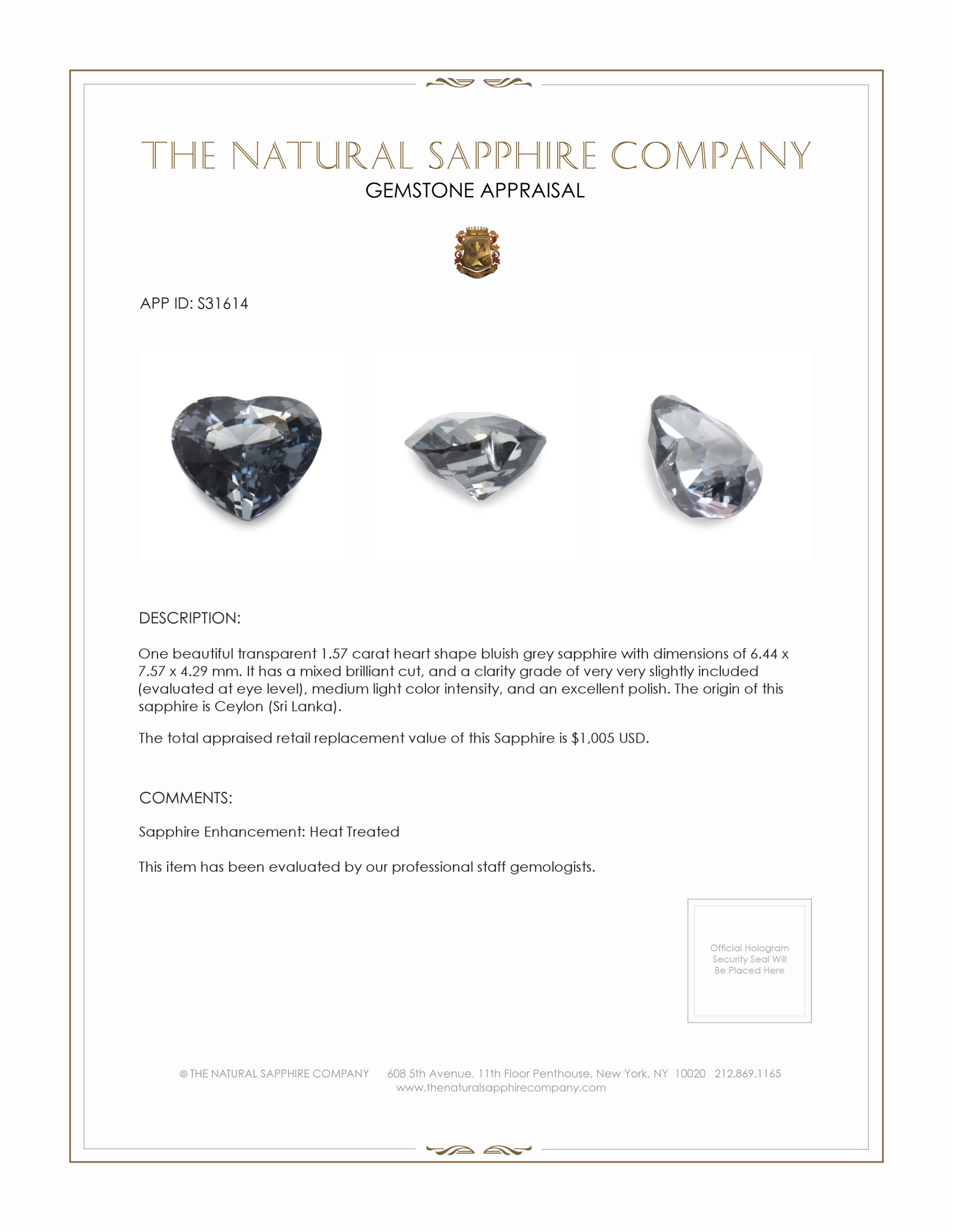 1.57 Ct. Bluish Grey Sapphire from Ceylon (Sri Lanka)