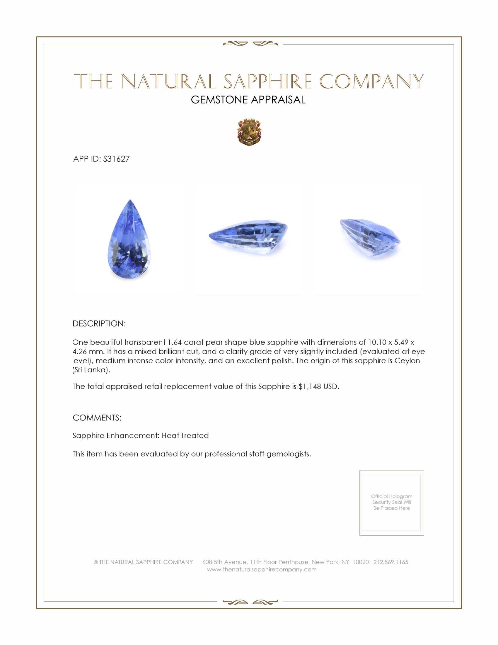 1.64 Ct. Blue Sapphire from Ceylon (Sri Lanka)