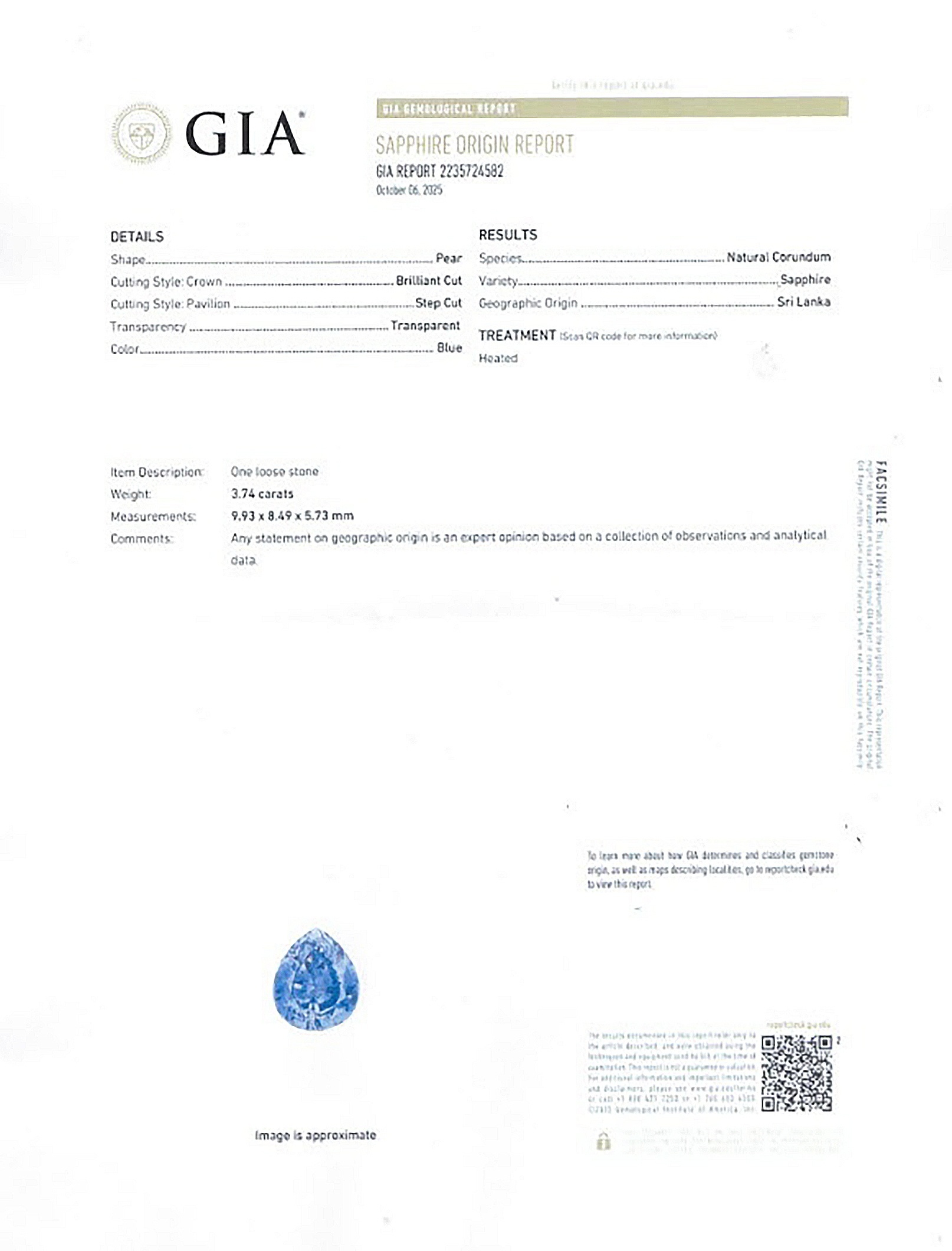 3.74 Ct. Blue Sapphire from Ceylon (Sri Lanka)