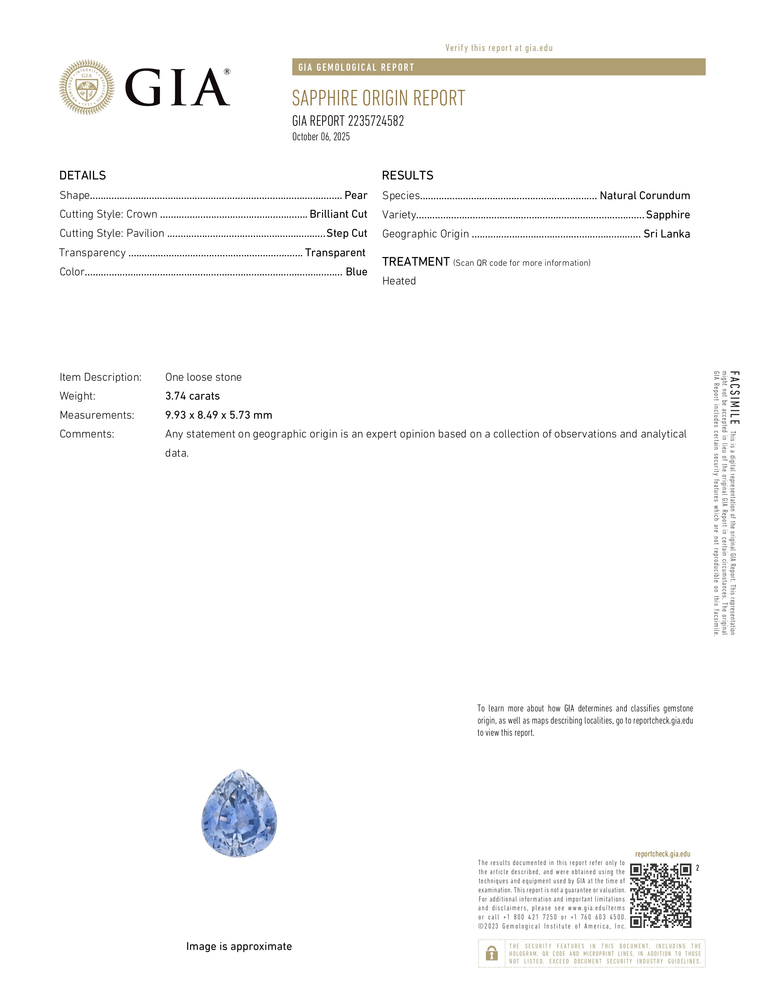 3.74 Ct. Blue Sapphire from Ceylon (Sri Lanka)