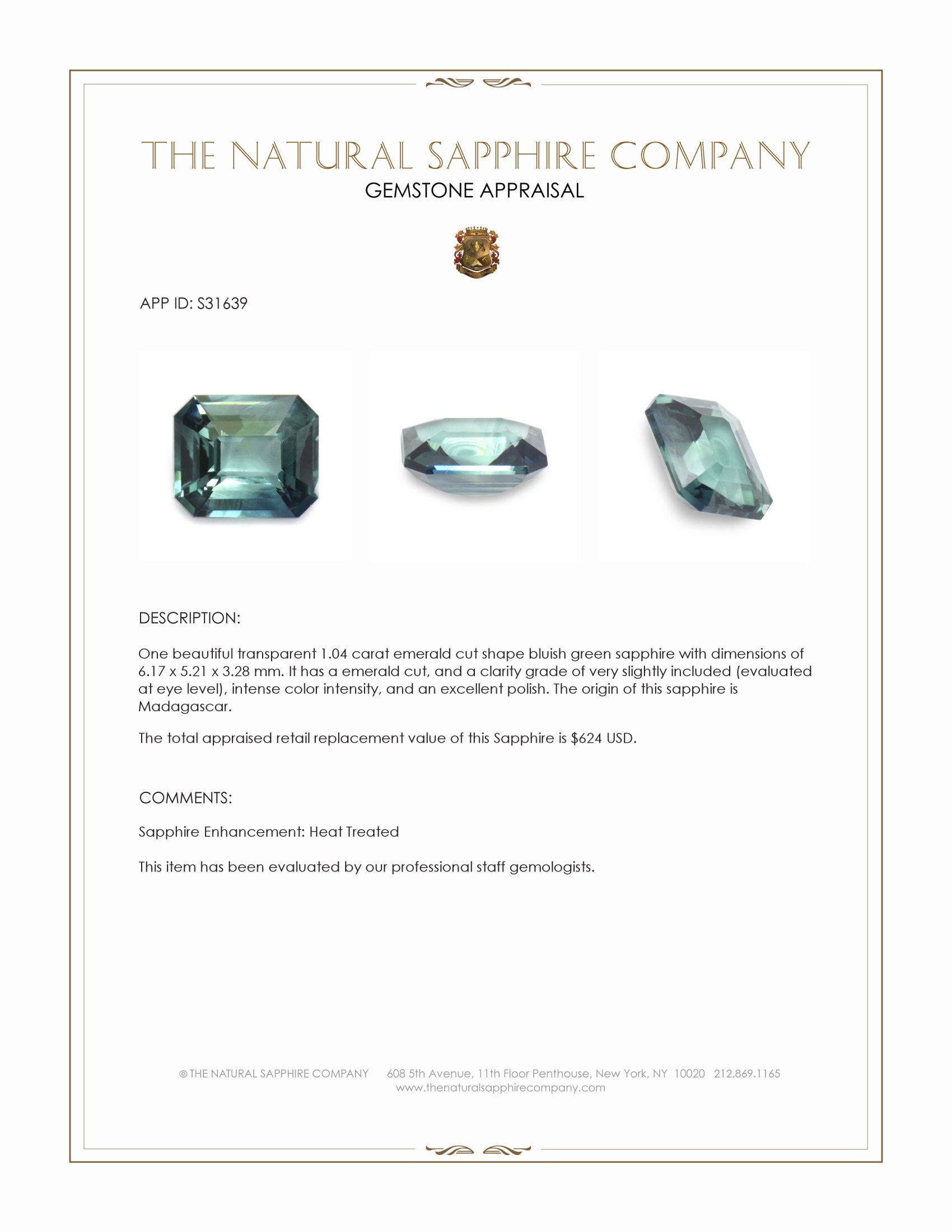 1.04 Ct. Bluish Green Sapphire from Madagascar