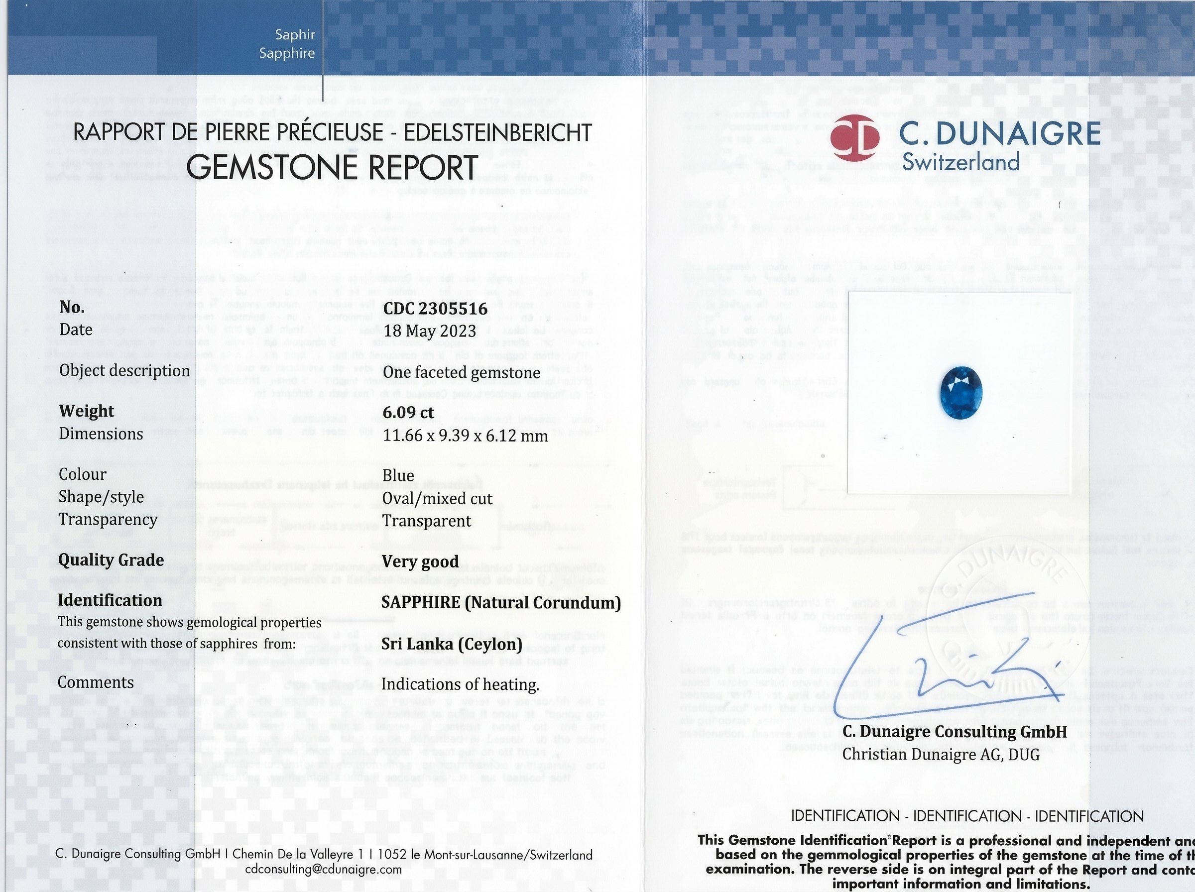 6.09 Ct. Blue Sapphire from Ceylon (Sri Lanka)