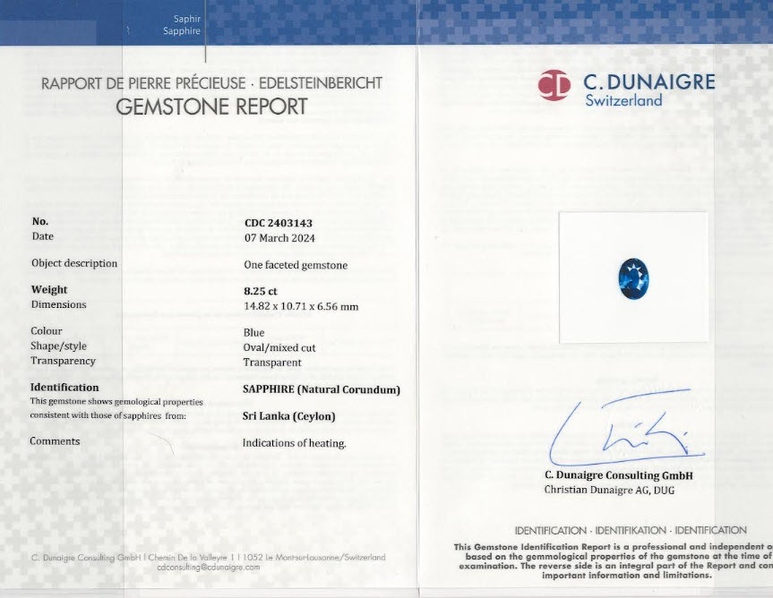 8.25 Ct. Blue Sapphire from Ceylon (Sri Lanka)