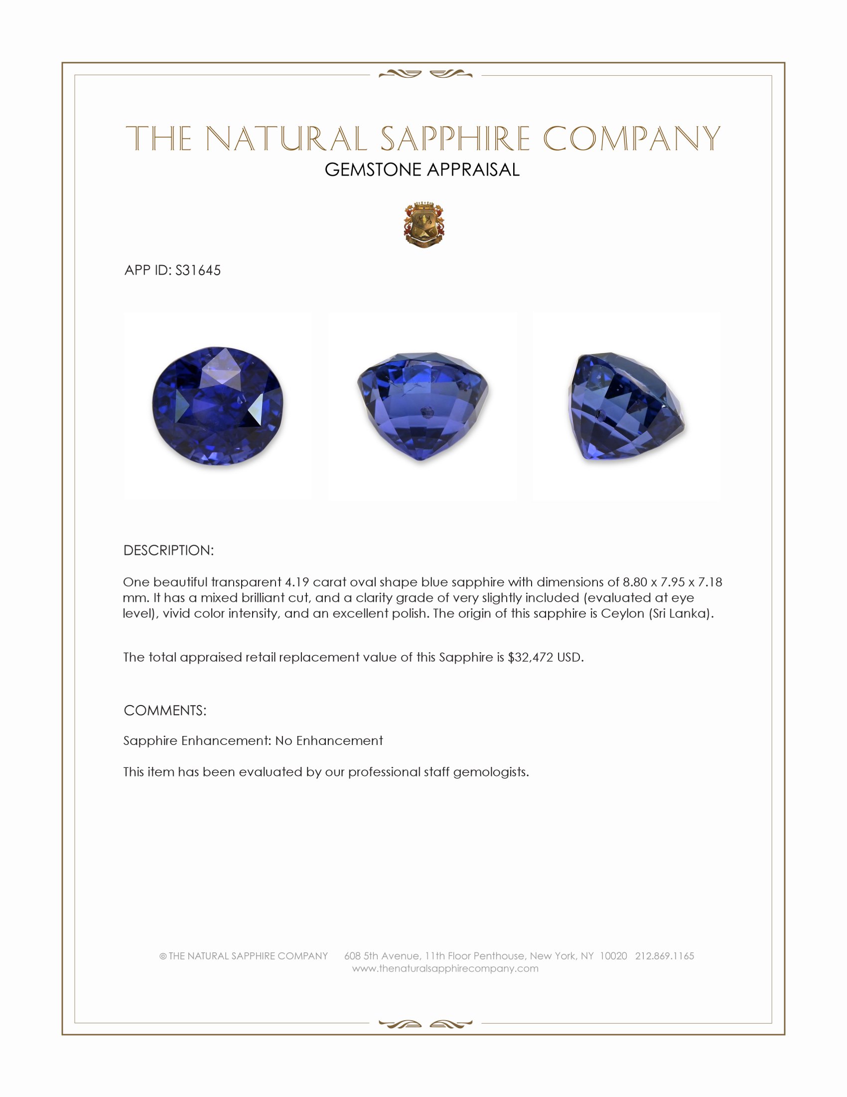 4.19 Ct. Blue Sapphire from Ceylon (Sri Lanka)