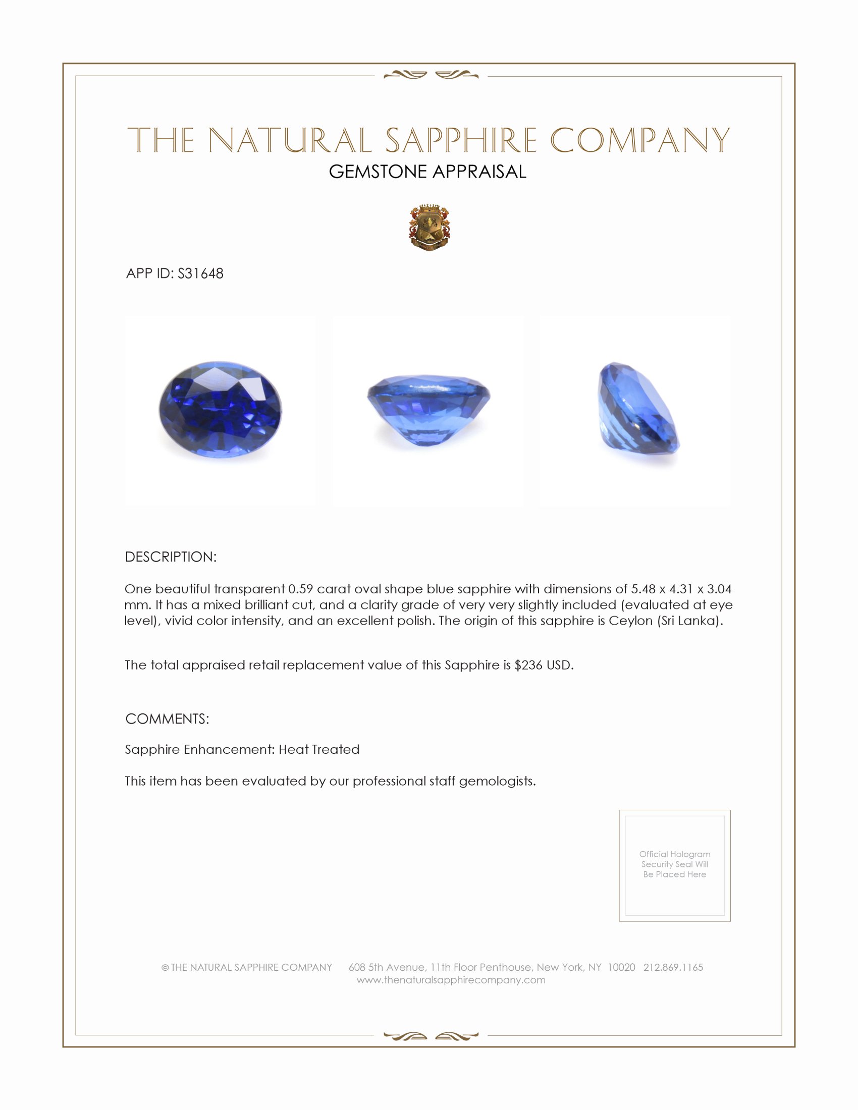 0.59 Ct. Blue Sapphire from Ceylon (Sri Lanka)