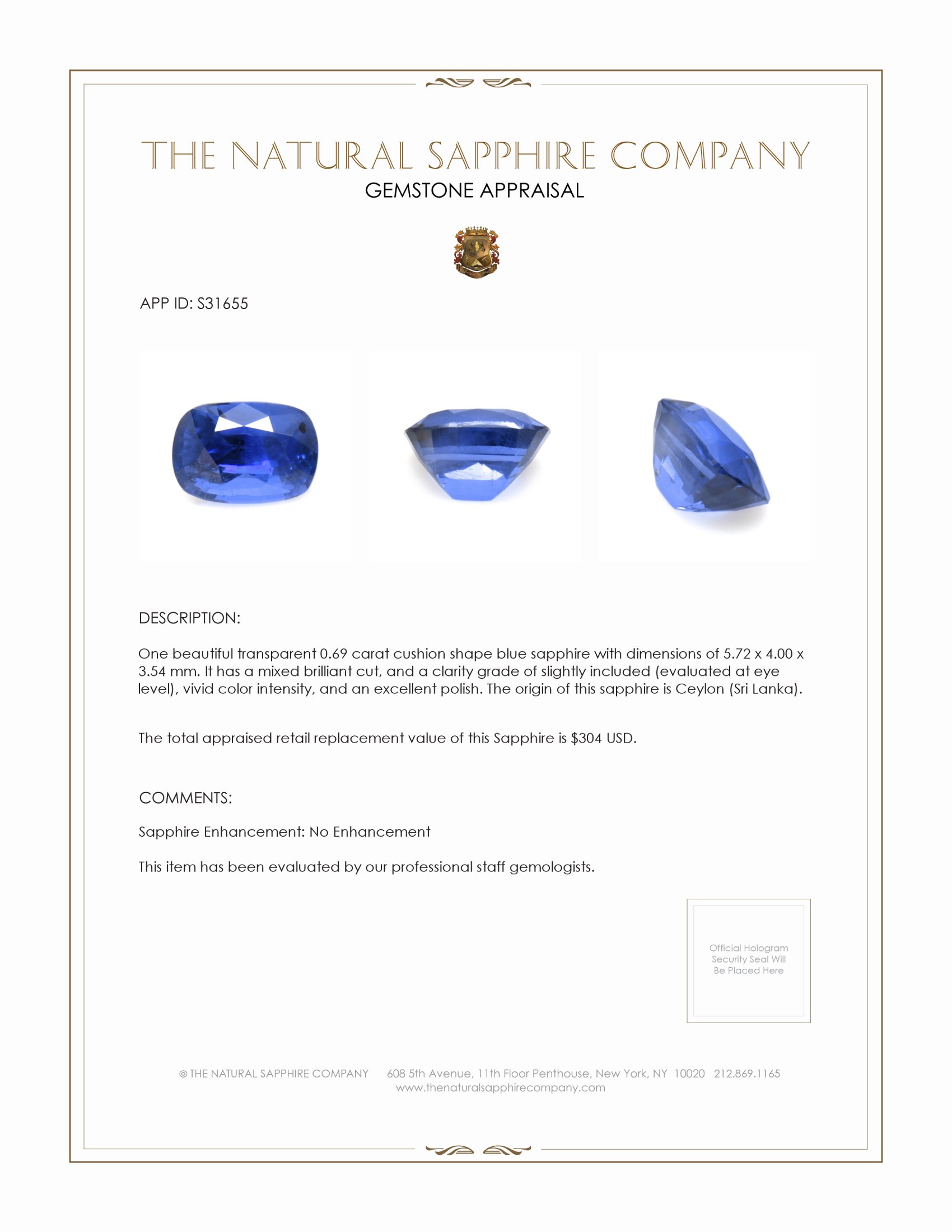 0.69 Ct. Blue Sapphire from Ceylon (Sri Lanka)