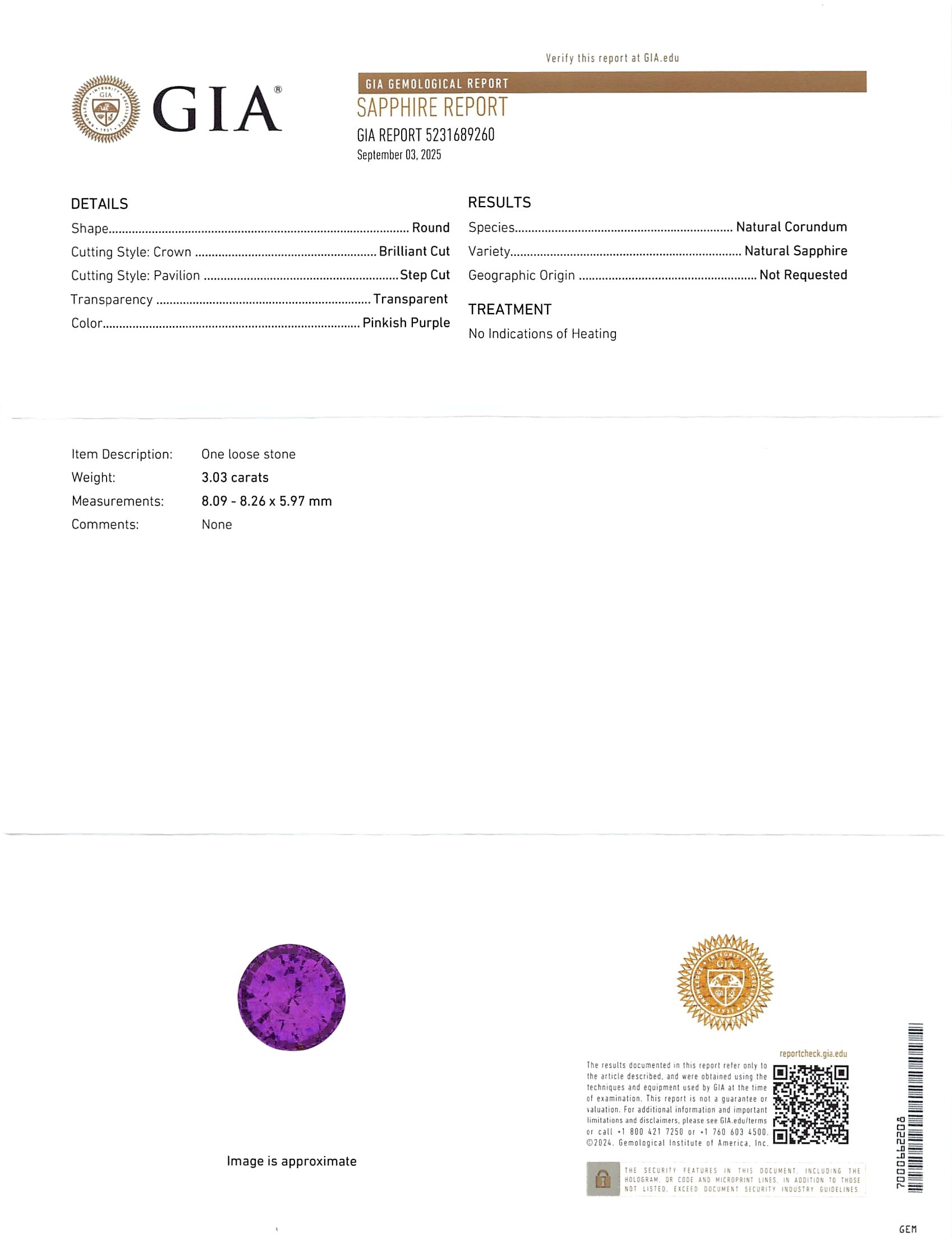 3.03 Ct. Pinkish Purple Sapphire from Ceylon (Sri Lanka)