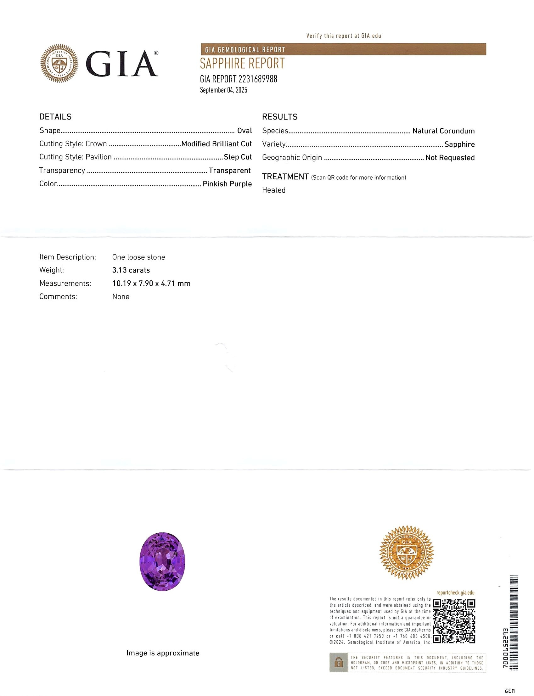 3.13 Ct. Pinkish Purple Sapphire from Ceylon (Sri Lanka)