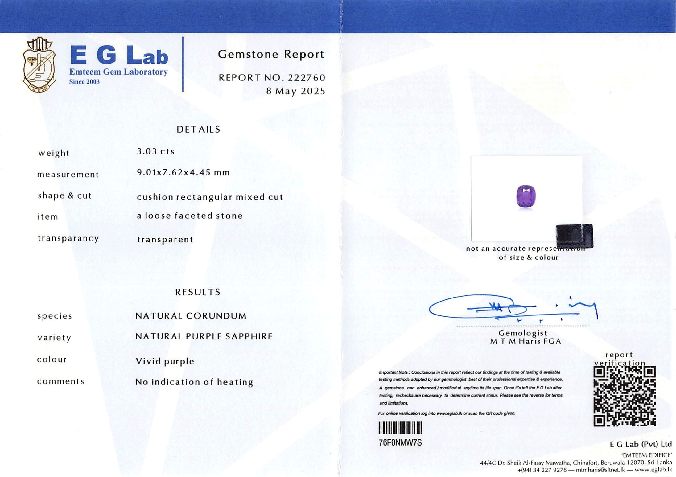 3.03 Ct. Purple Sapphire from Ceylon (Sri Lanka)