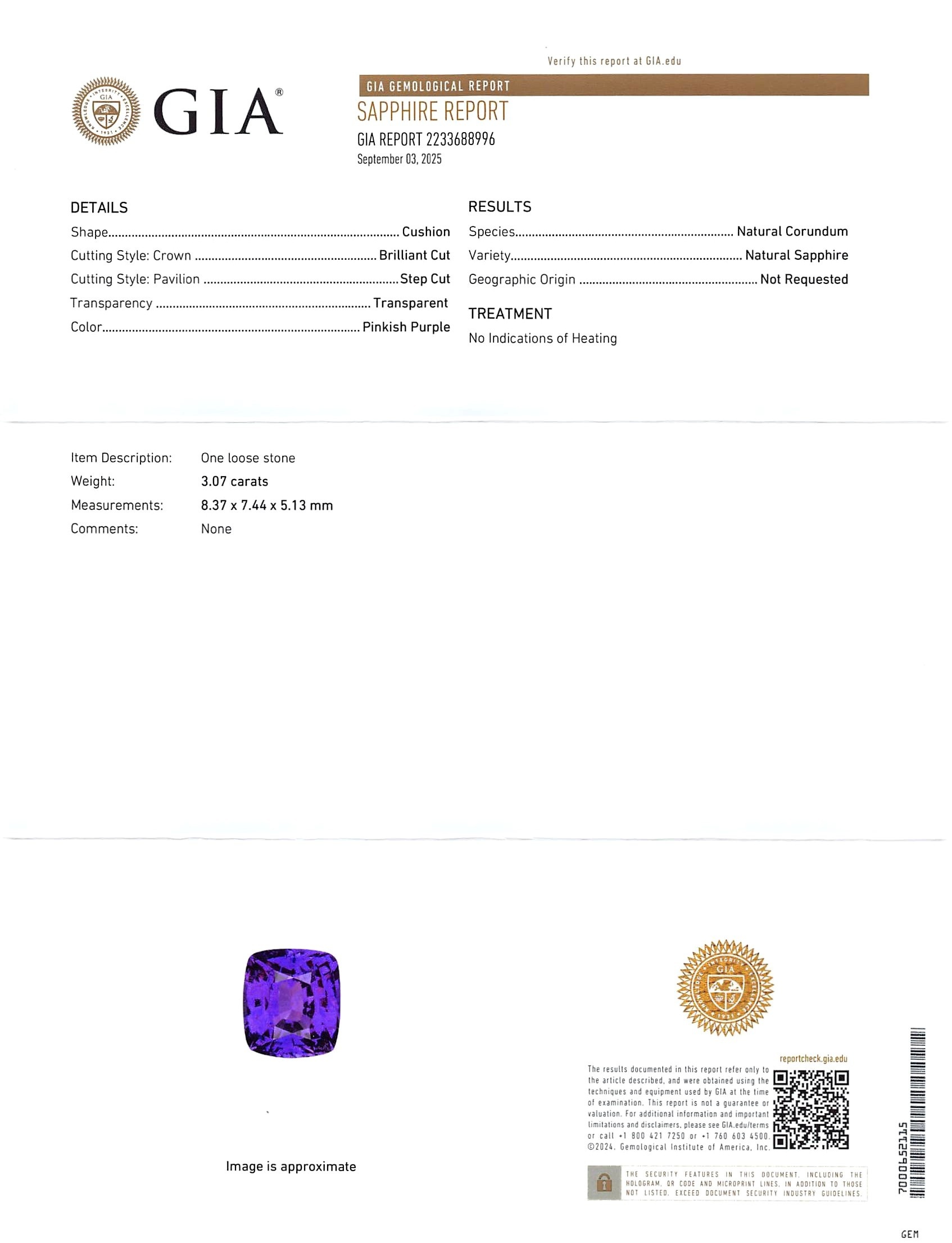 3.07 Ct. Pinkish Purple Sapphire from Ceylon (Sri Lanka)