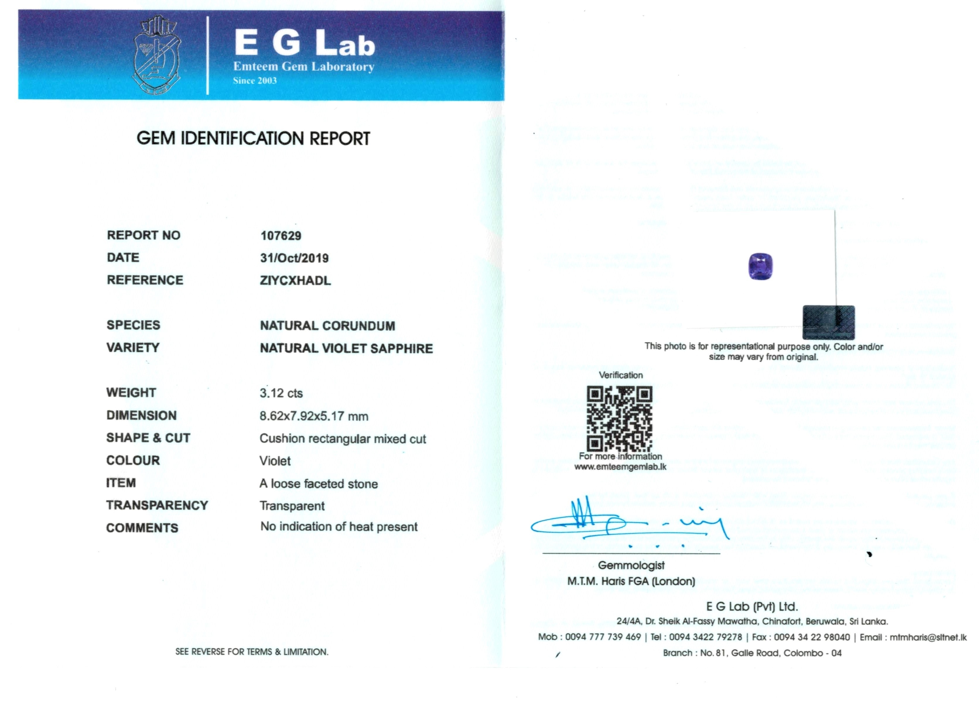 3.12 Ct. Bluish Purple Sapphire from Ceylon (Sri Lanka)