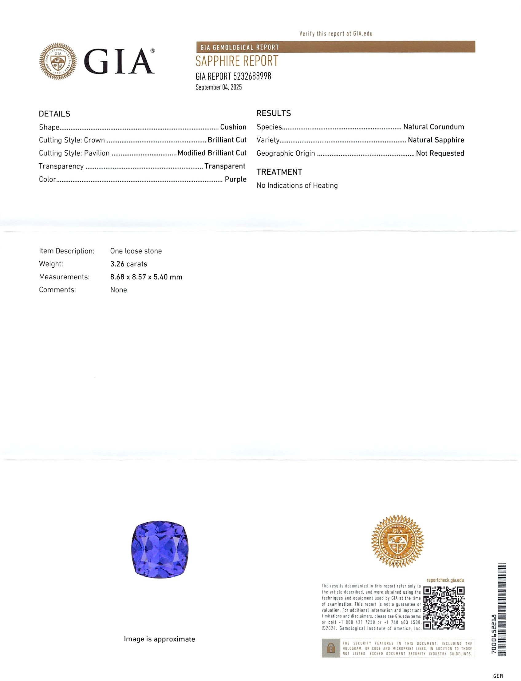 3.26 Ct. Purple Sapphire from Ceylon (Sri Lanka)