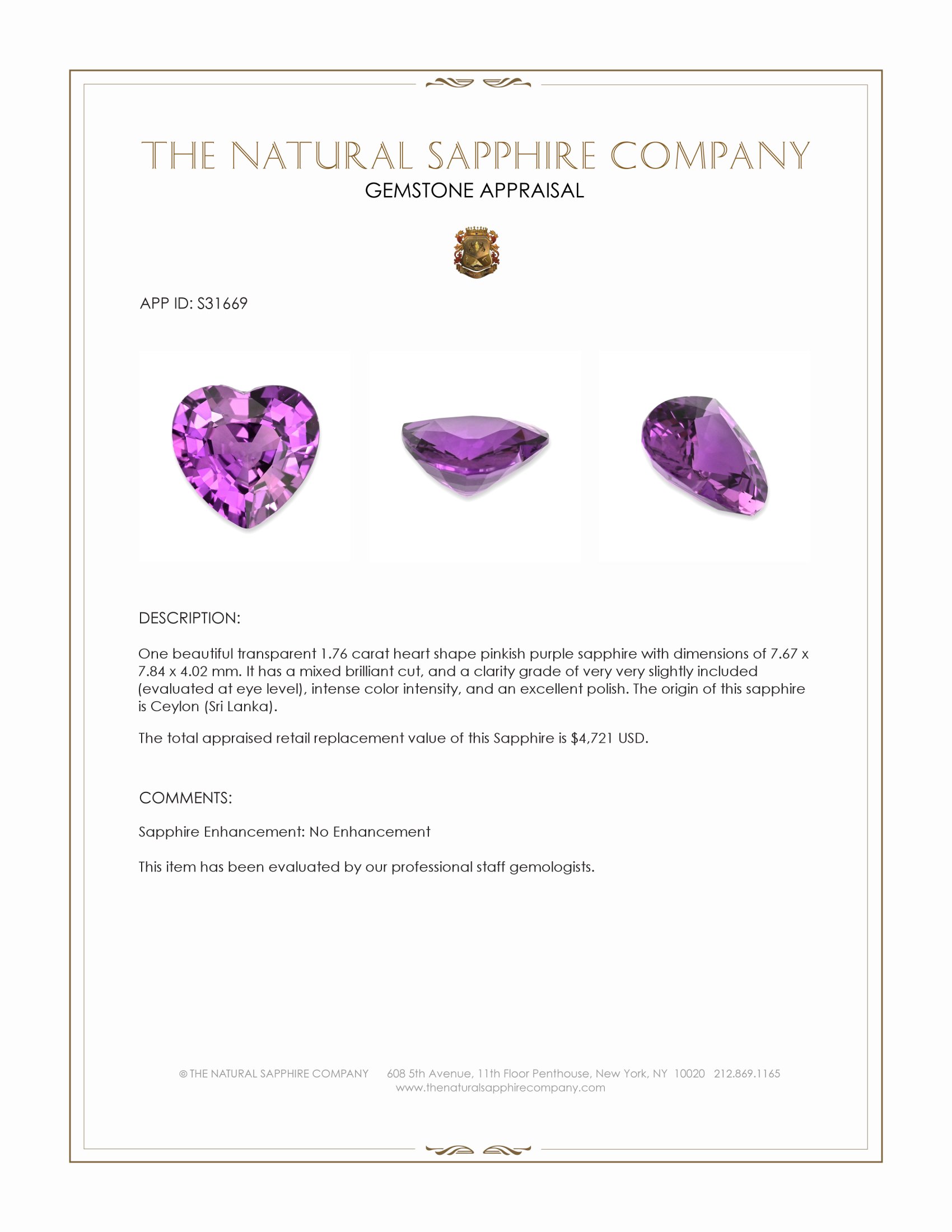 1.76 Ct. Pinkish Purple Sapphire from Ceylon (Sri Lanka)