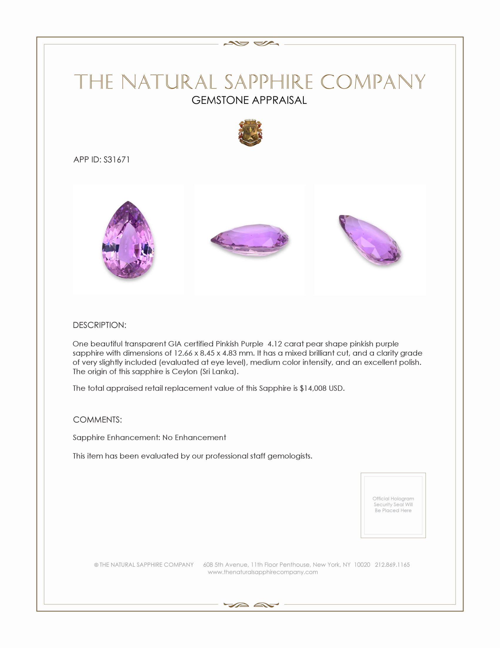 4.12 Ct. Pinkish Purple Sapphire from Ceylon (Sri Lanka)