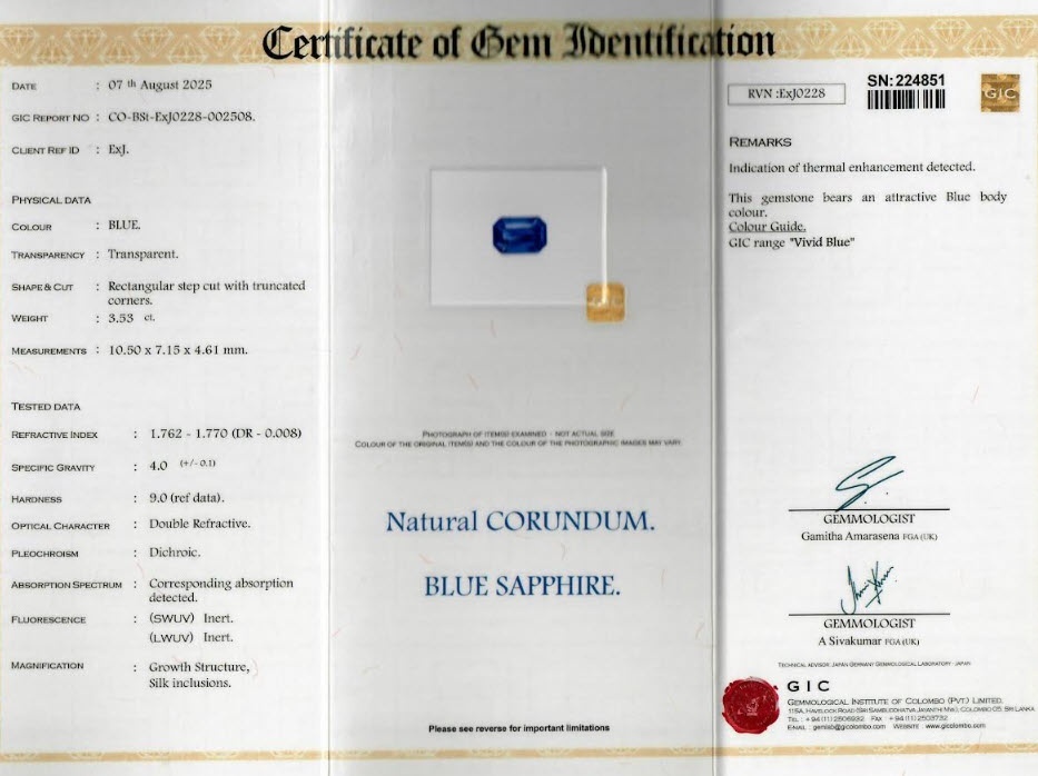 3.53 Ct. Blue Sapphire from Ceylon (Sri Lanka)