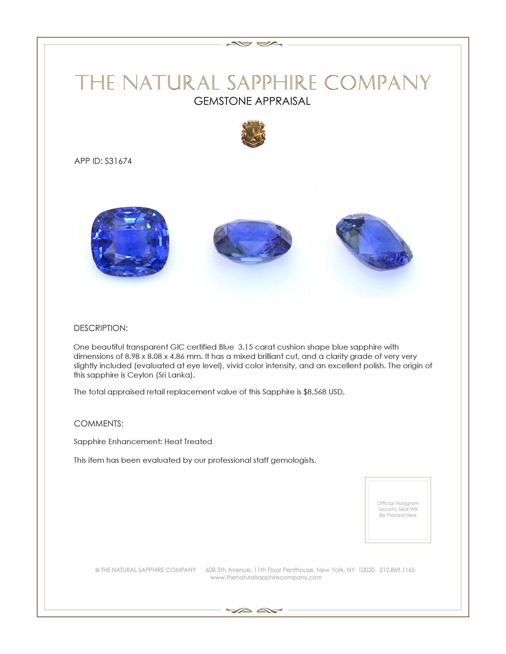 3.15 Ct. Blue Sapphire from Ceylon (Sri Lanka)