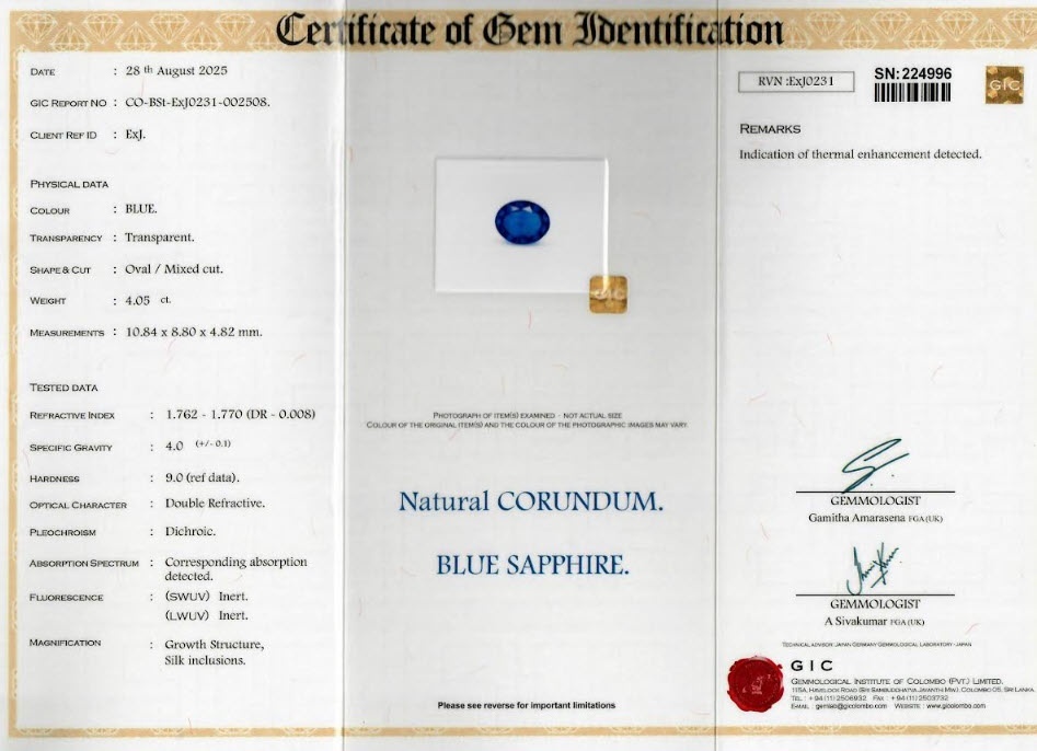 4.05 Ct. Blue Sapphire from Ceylon (Sri Lanka)