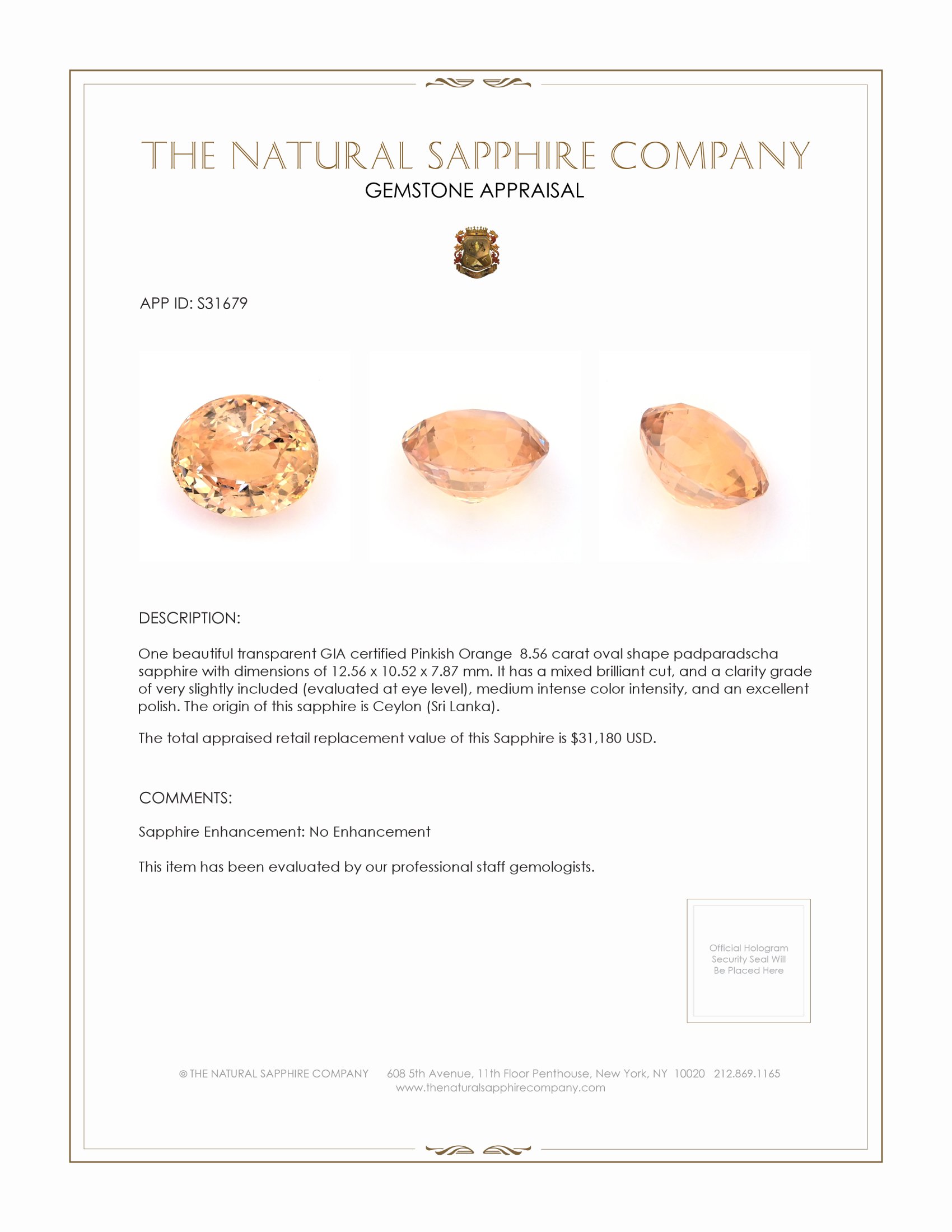 8.56 Ct. Padparadscha Sapphire from Ceylon (Sri Lanka)