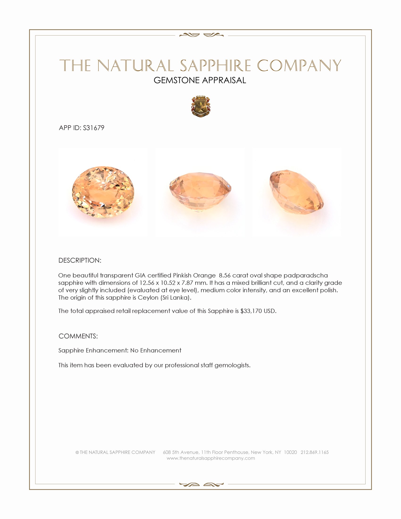 8.56 Ct. Padparadscha Sapphire from Ceylon (Sri Lanka)