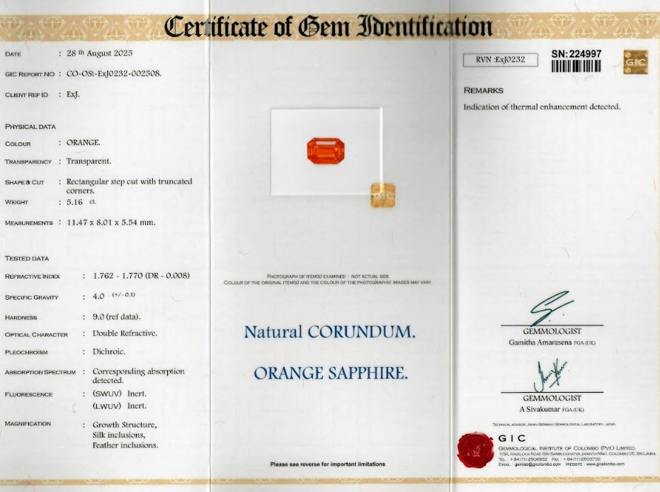 5.16 Ct. Orange Sapphire from Ceylon (Sri Lanka)