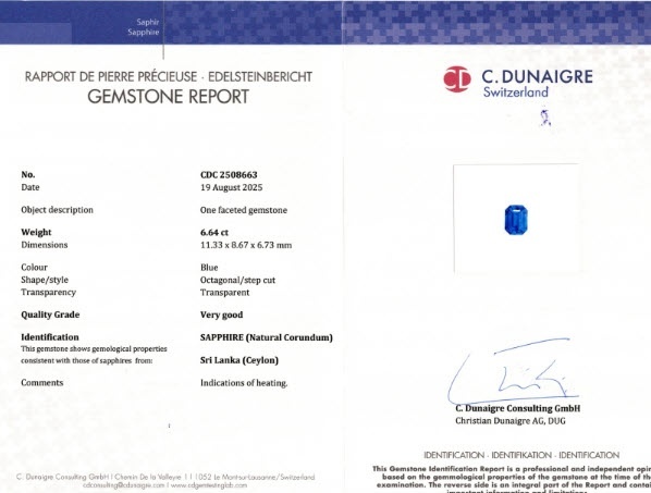 6.64 Ct. Blue Sapphire from Ceylon (Sri Lanka)