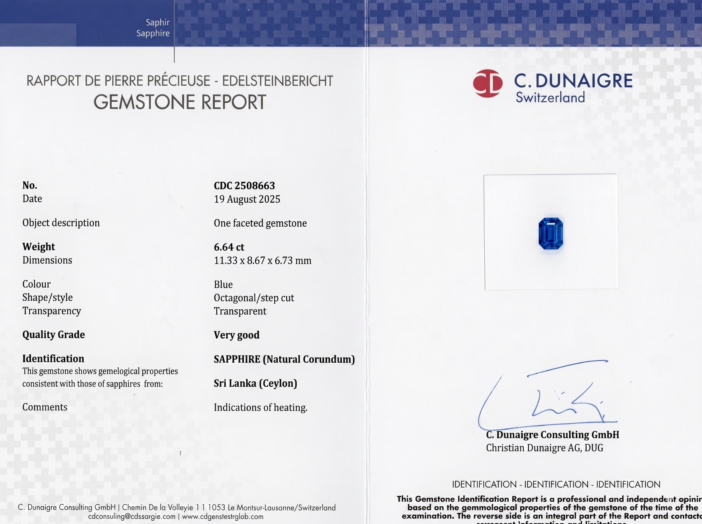 6.64 Ct. Blue Sapphire from Ceylon (Sri Lanka)