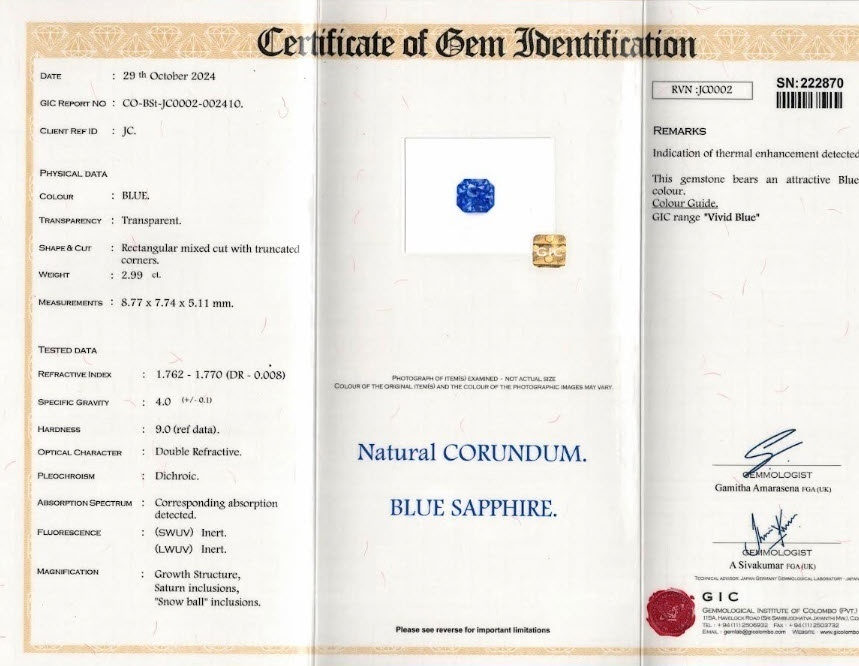 2.99 Ct. Blue Sapphire from Ceylon (Sri Lanka)