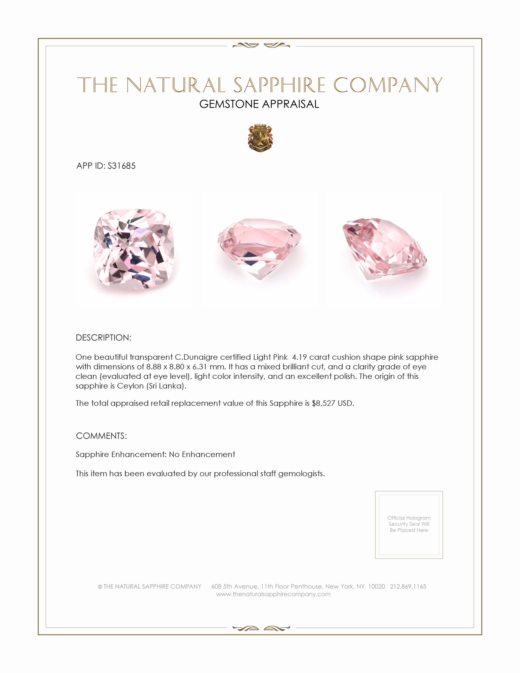 4.19 Ct. Pink Sapphire from Ceylon (Sri Lanka)