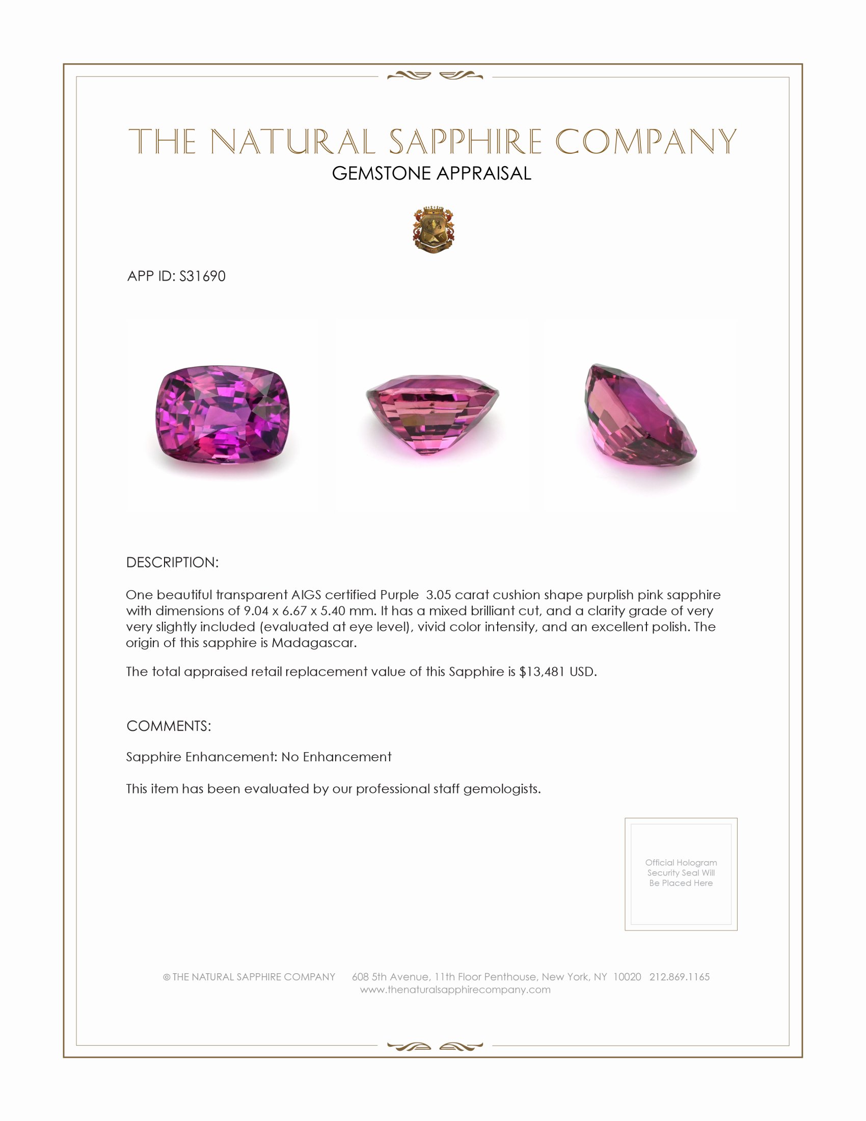 3.05 Ct. Purple Sapphire from Madagascar