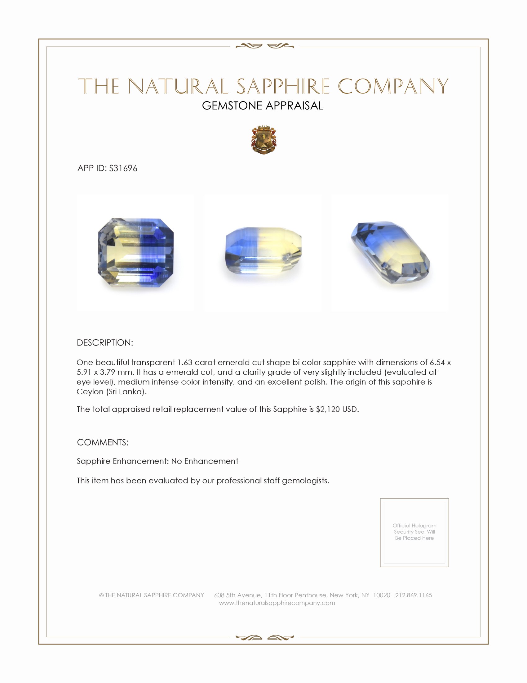 1.63 Ct. Bi Color Sapphire from Ceylon (Sri Lanka)