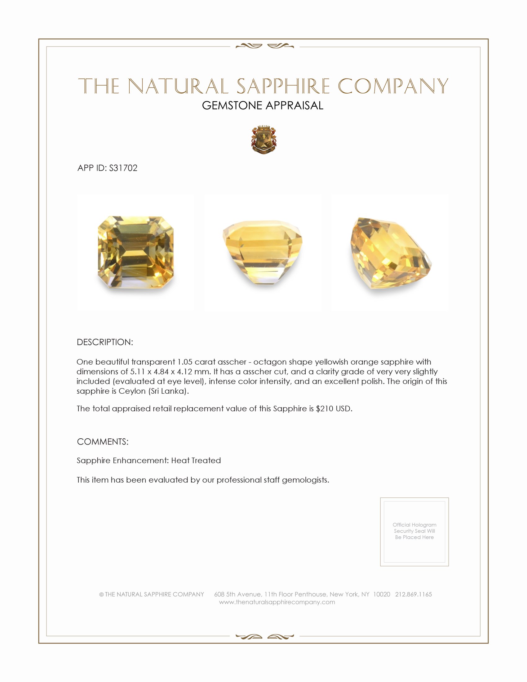 1.05 Ct. Yellowish Orange Sapphire from Ceylon (Sri Lanka)
