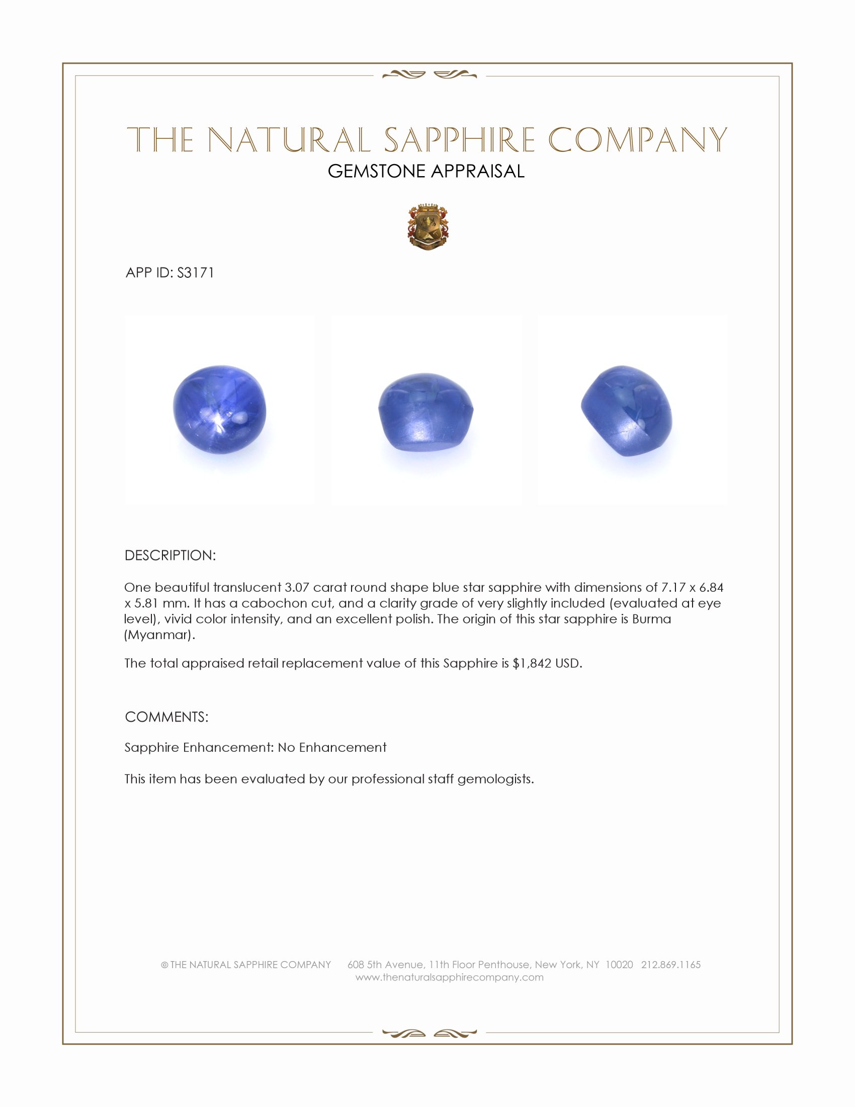 3.07 Ct. Blue Star Sapphire from Burma (Myanmar)