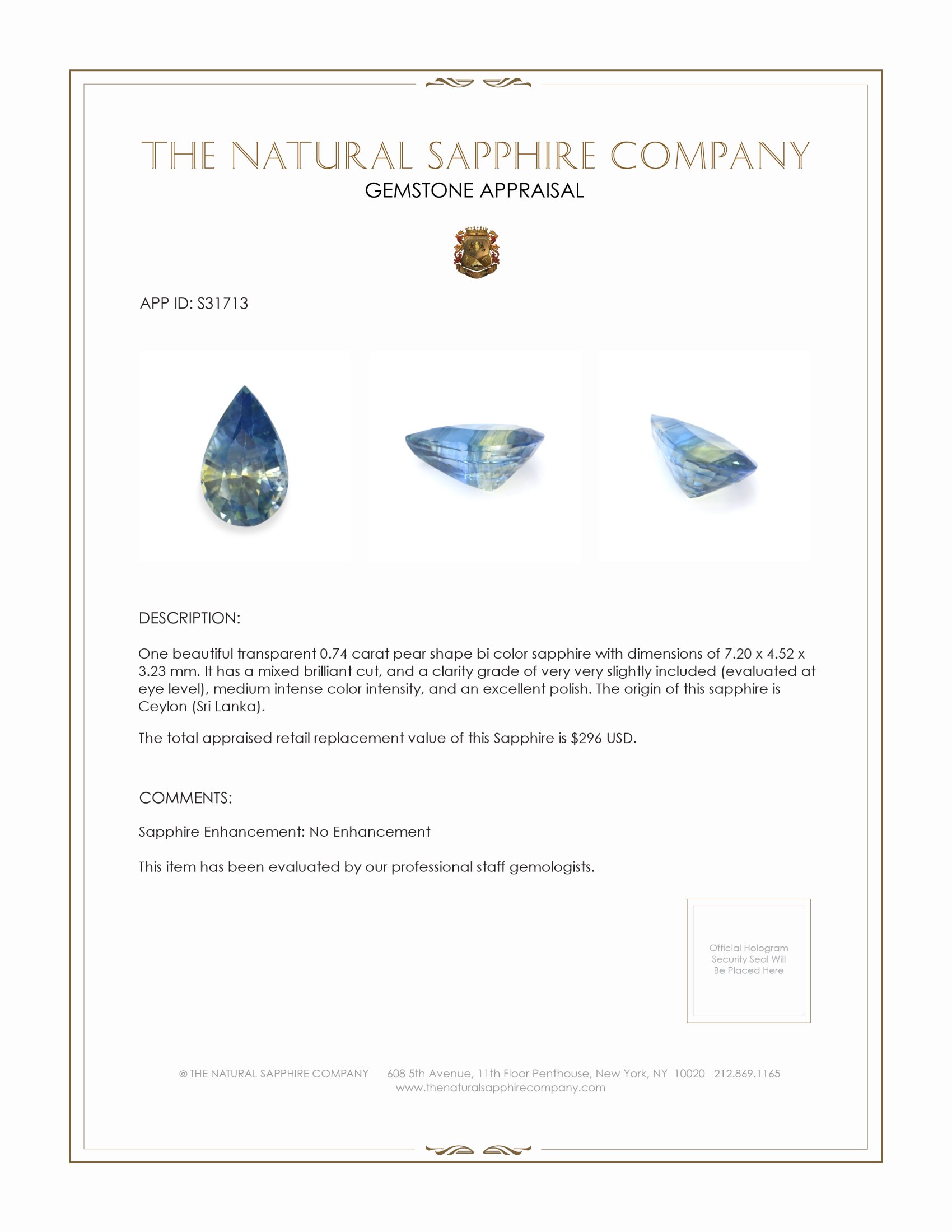 0.74 Ct. Bi Color Sapphire from Ceylon (Sri Lanka)