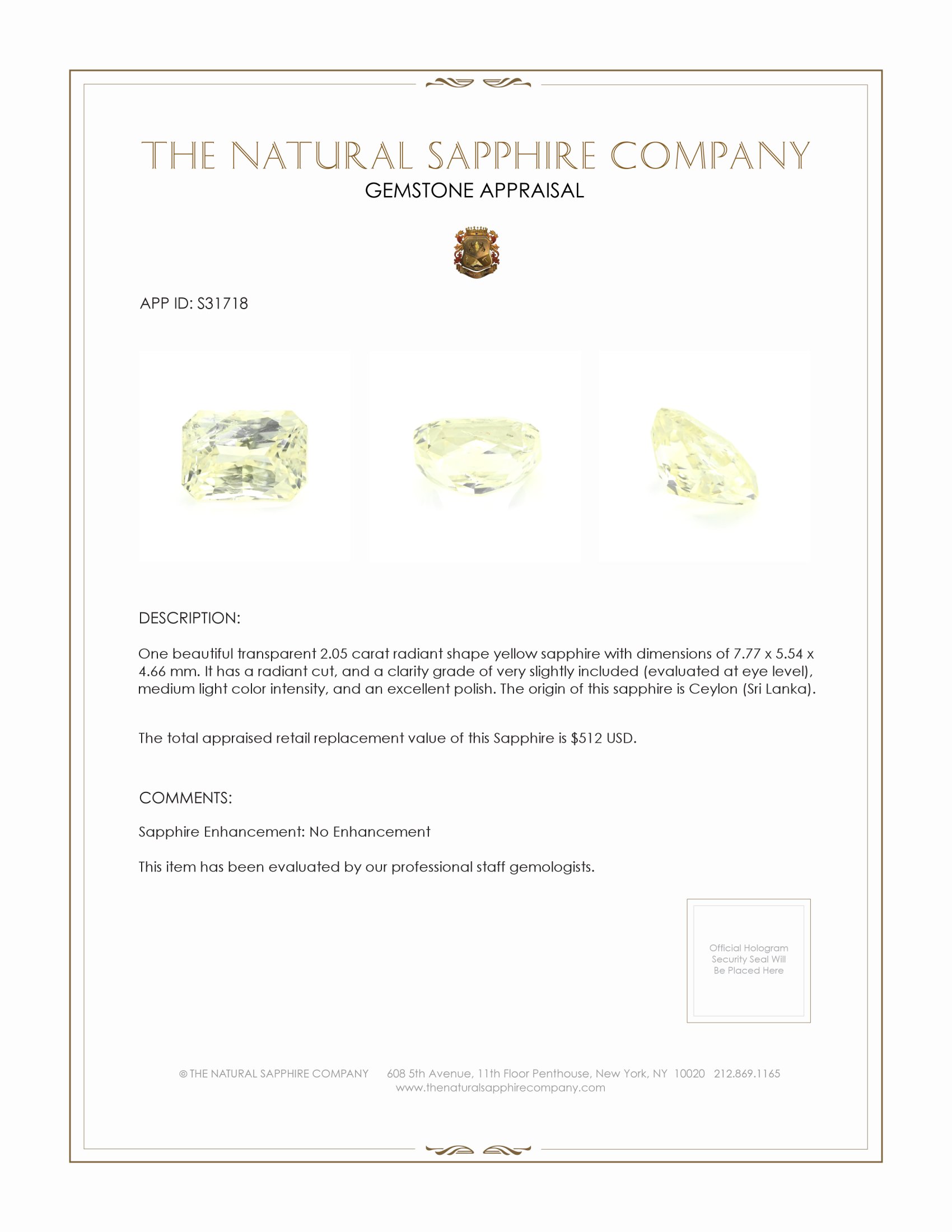 2.05 Ct. Yellow Sapphire from Ceylon (Sri Lanka)