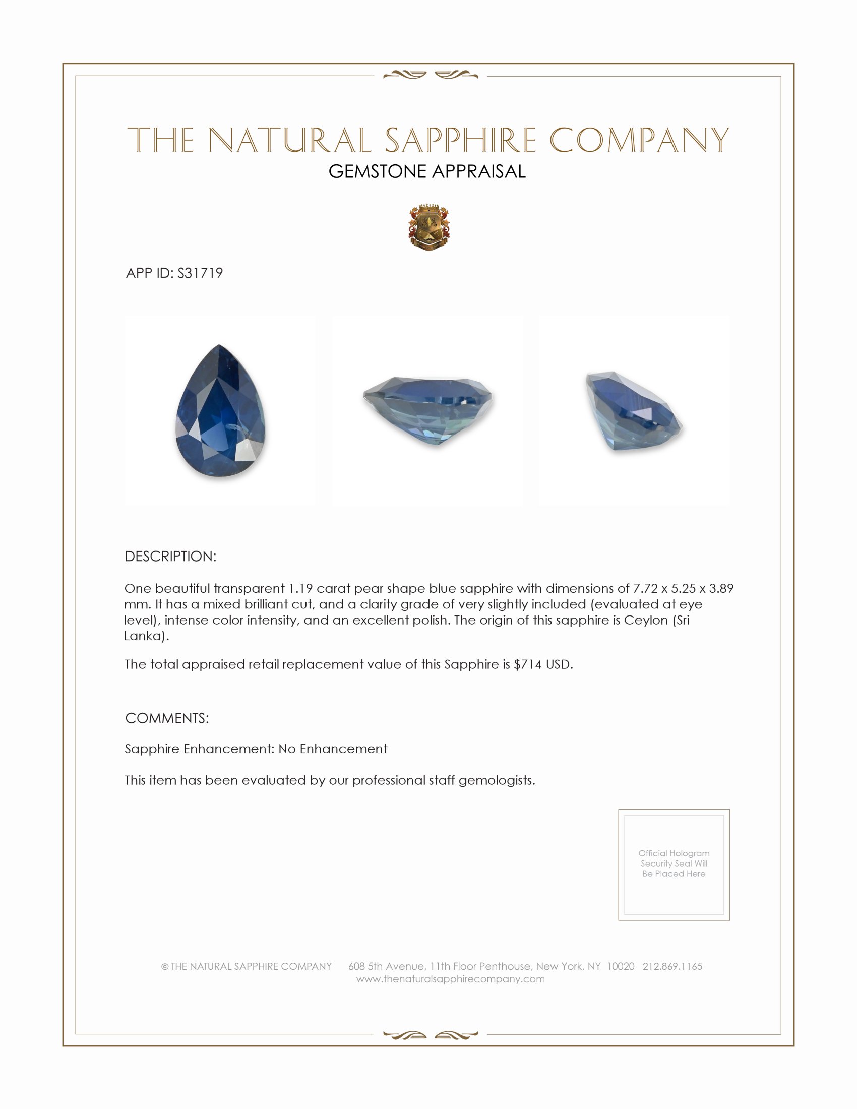 1.19 Ct. Blue Sapphire from Ceylon (Sri Lanka)